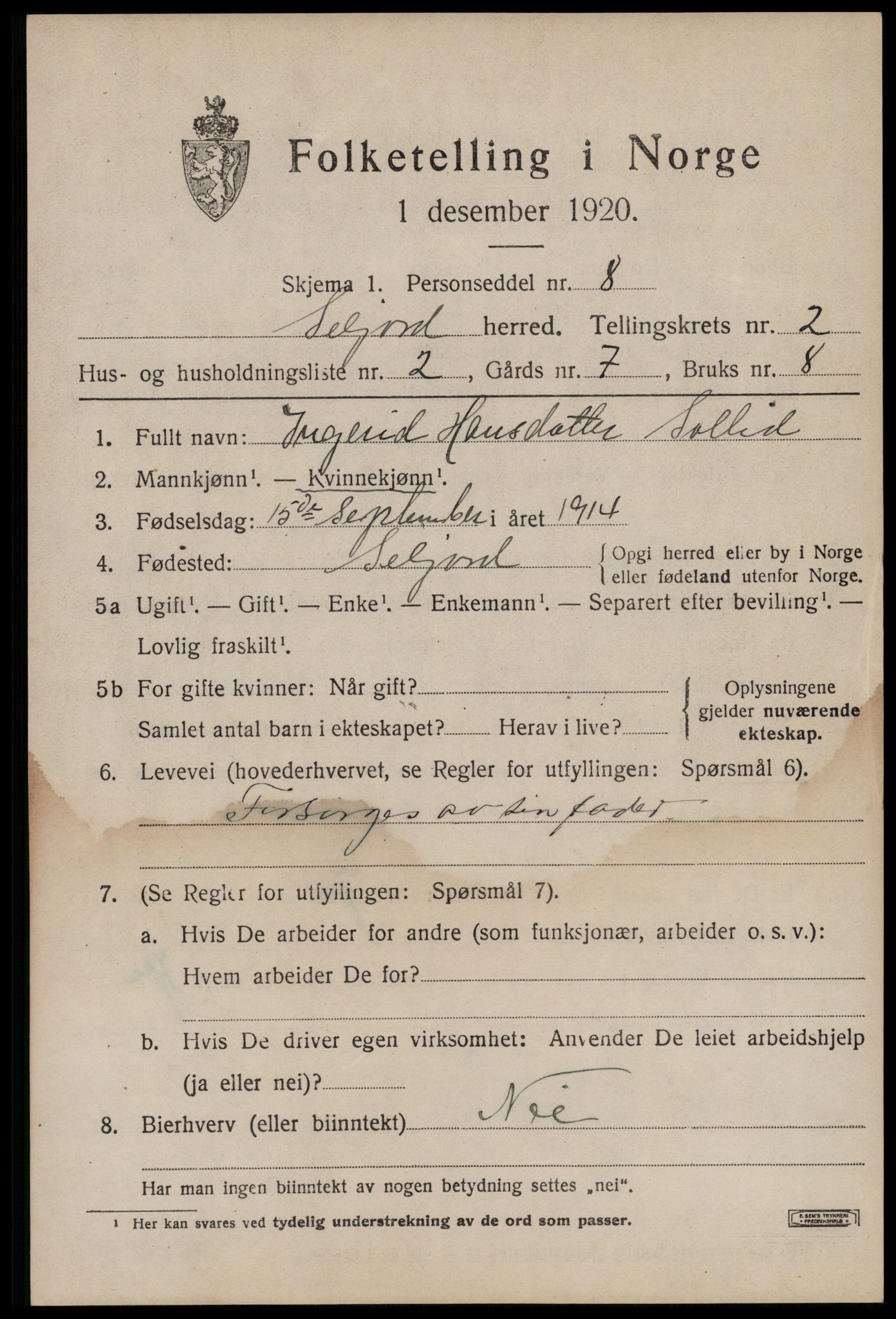 SAKO, 1920 census for Seljord, 1920, p. 1548