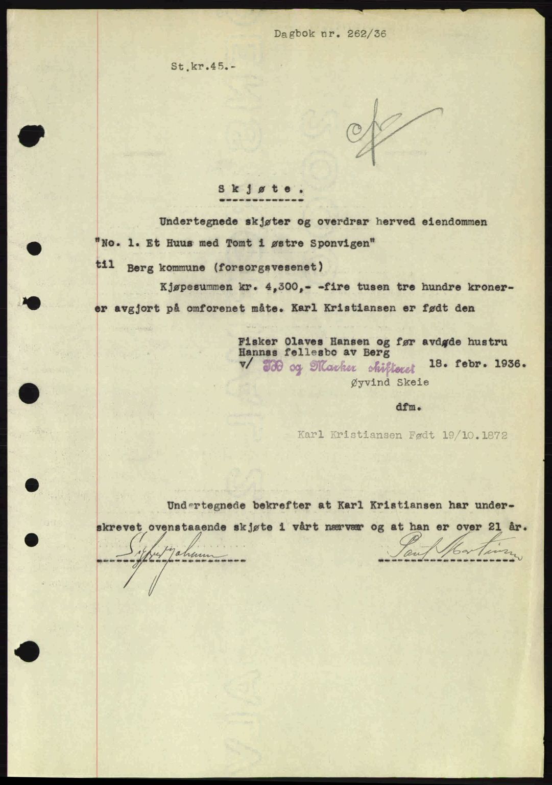 Idd og Marker sorenskriveri, AV/SAO-A-10283/G/Gb/Gbb/L0001: Mortgage book no. A1, 1936-1937, Diary no: : 262/1936