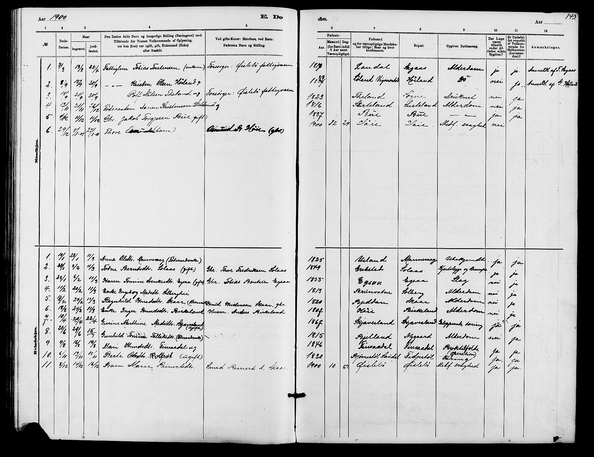 Holum sokneprestkontor, SAK/1111-0022/F/Fb/Fbc/L0003: Parish register (copy) no. B 3, 1882-1908, p. 143