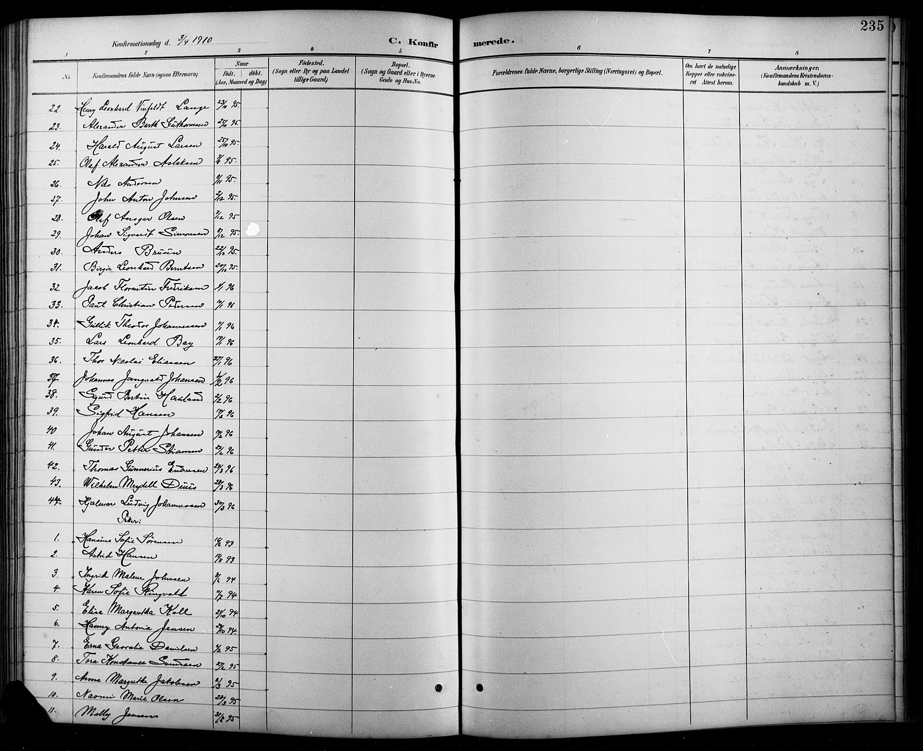 Arendal sokneprestkontor, Trefoldighet, SAK/1111-0040/F/Fb/L0006: Parish register (copy) no. B 6, 1889-1916, p. 235