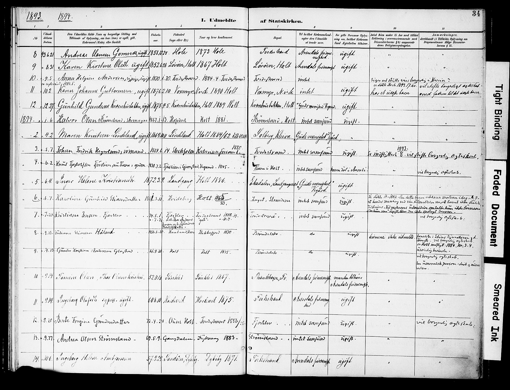 Holt sokneprestkontor, AV/SAK-1111-0021/F/Fa/L0011: Parish register (official) no. A 11, 1880-1931, p. 34