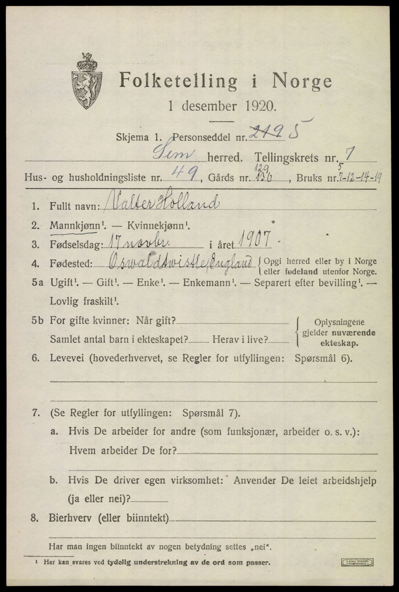 SAKO, 1920 census for Sem, 1920, p. 10779