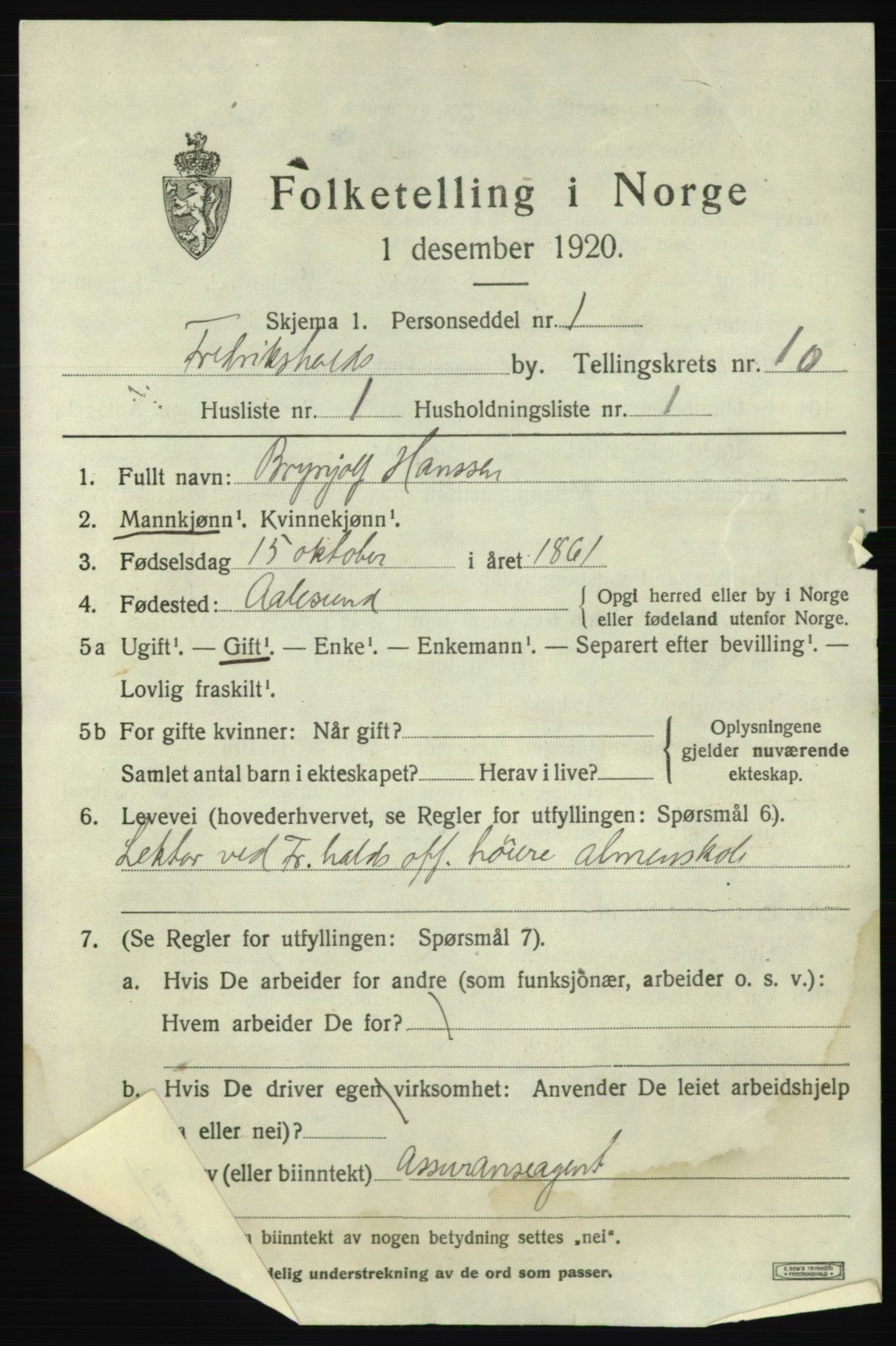 SAO, 1920 census for Fredrikshald, 1920, p. 17412