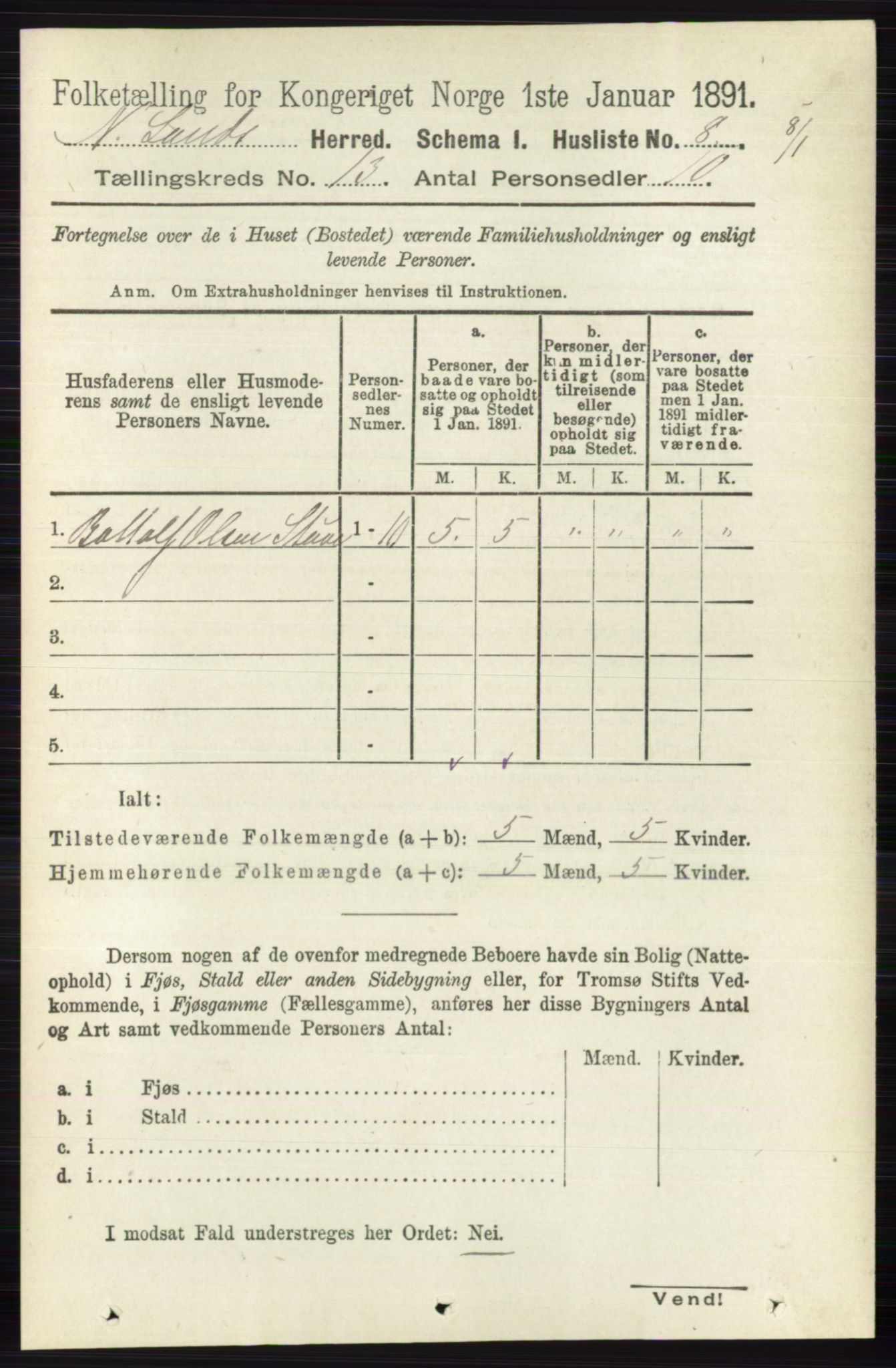 RA, 1891 census for 0538 Nordre Land, 1891, p. 3486