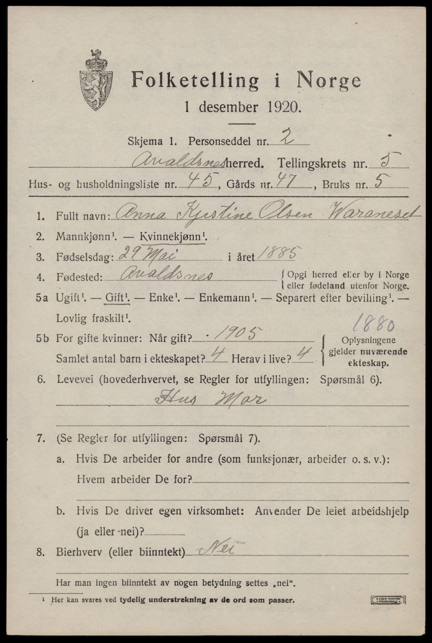 SAST, 1920 census for Avaldsnes, 1920, p. 5637