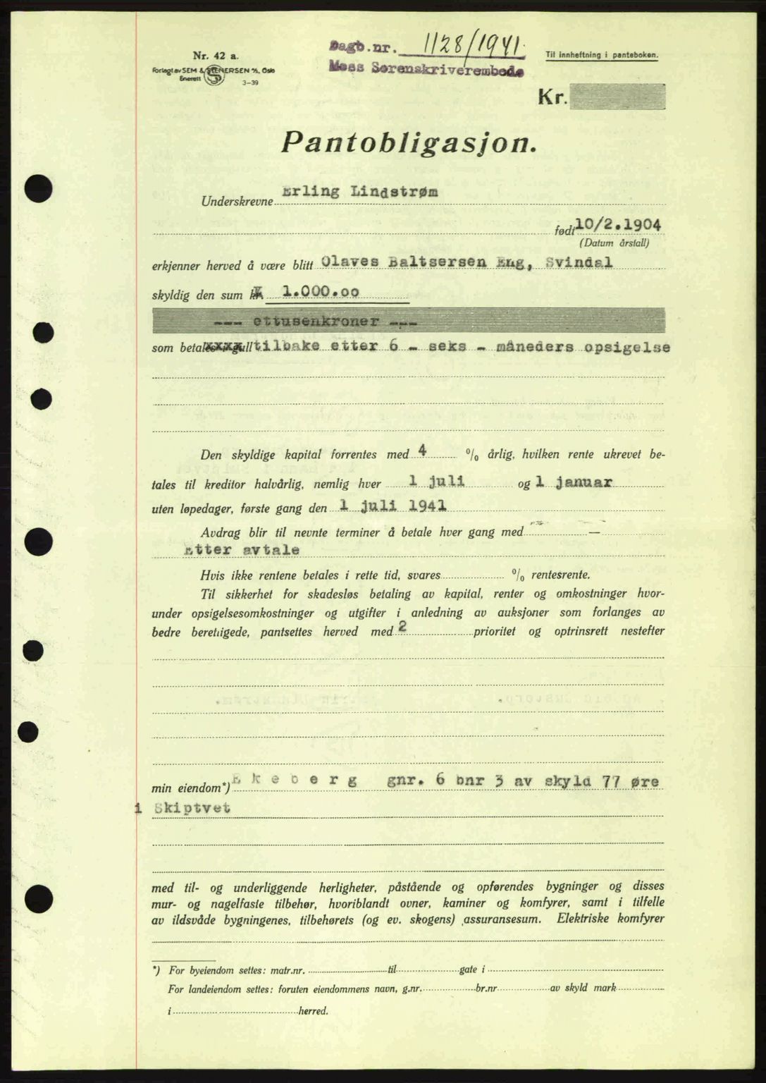 Moss sorenskriveri, SAO/A-10168: Mortgage book no. B10, 1940-1941, Diary no: : 1128/1941