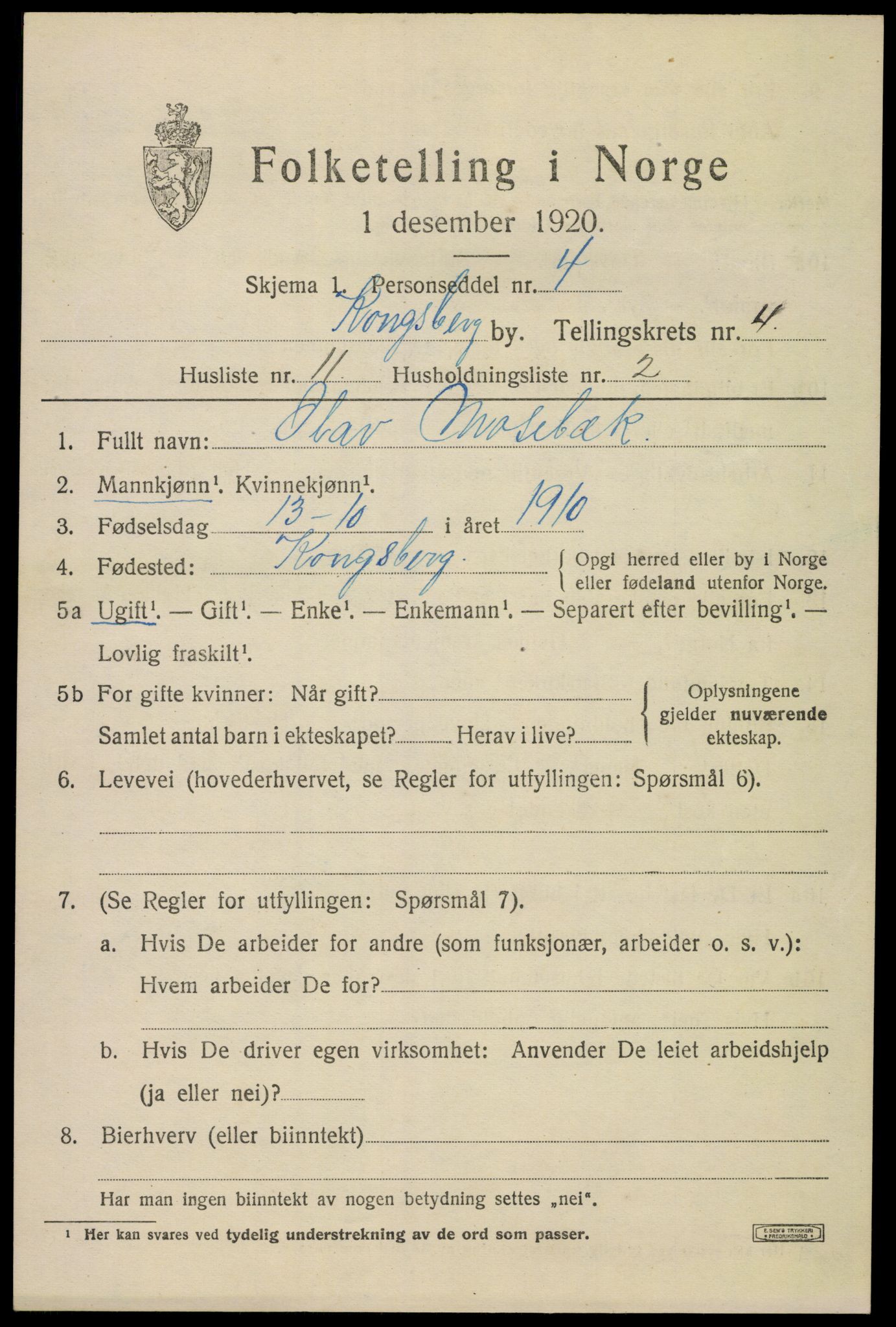 SAKO, 1920 census for Kongsberg, 1920, p. 11124