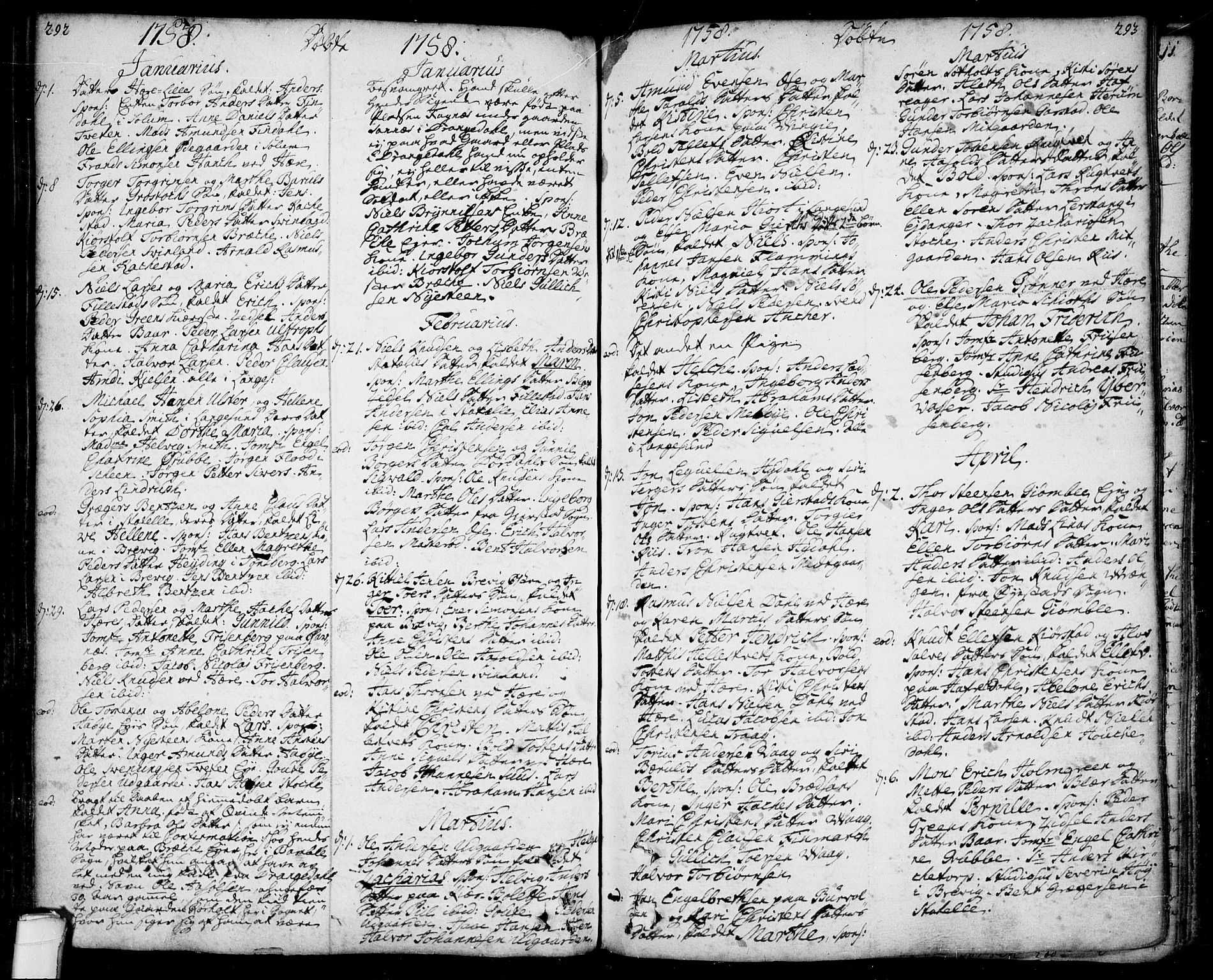 Bamble kirkebøker, SAKO/A-253/F/Fa/L0001: Parish register (official) no. I 1, 1702-1774, p. 292-293