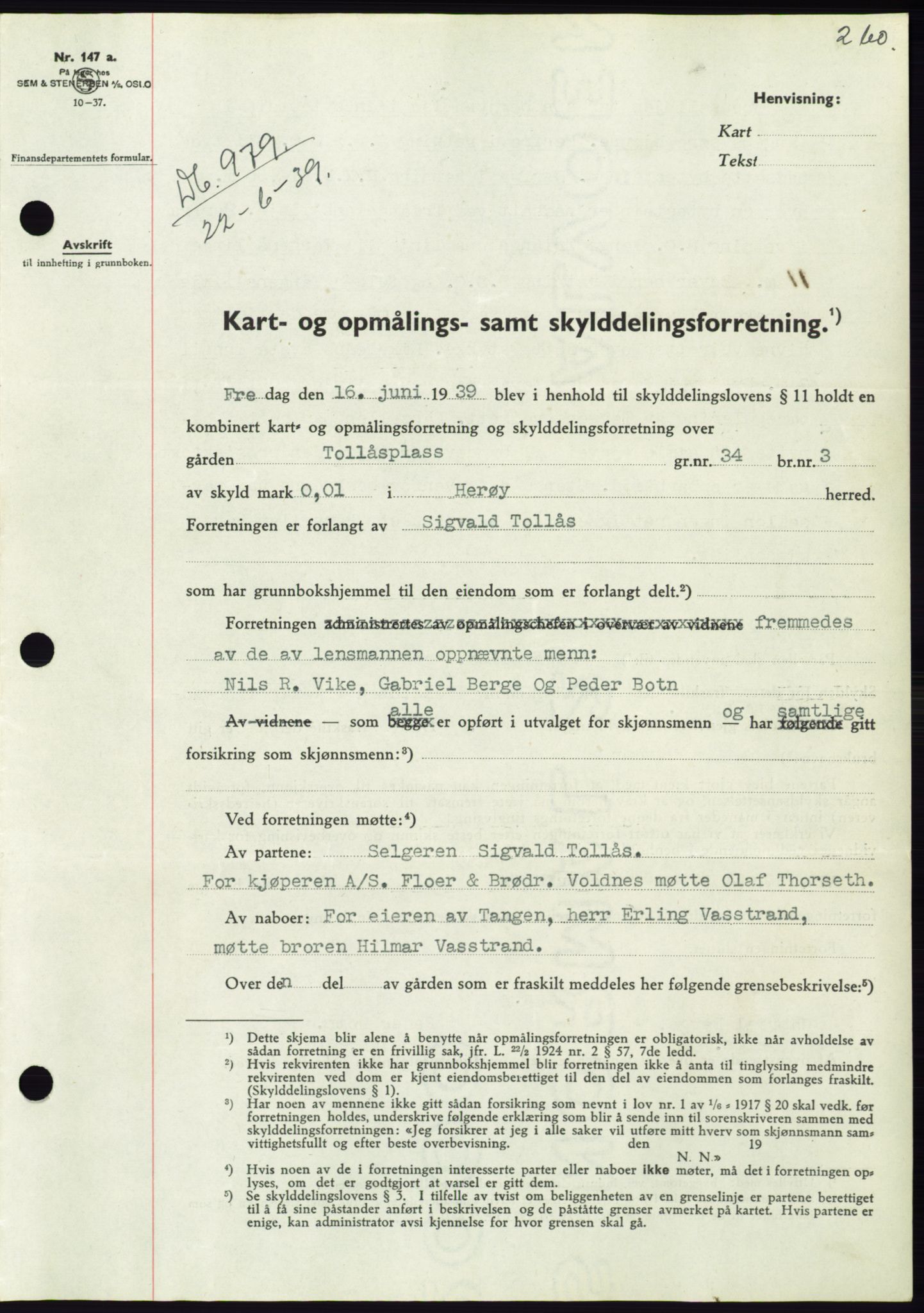 Søre Sunnmøre sorenskriveri, AV/SAT-A-4122/1/2/2C/L0068: Mortgage book no. 62, 1939-1939, Diary no: : 979/1939