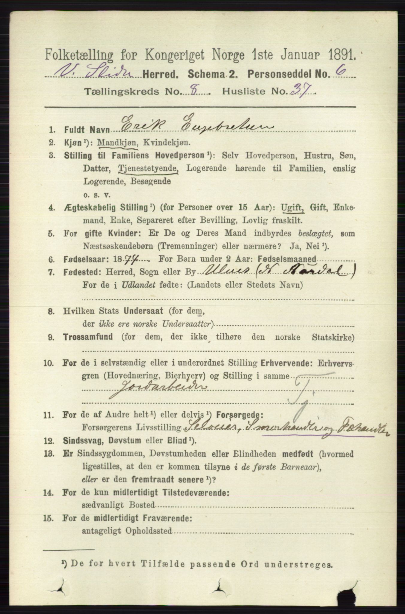 RA, 1891 census for 0543 Vestre Slidre, 1891, p. 3181