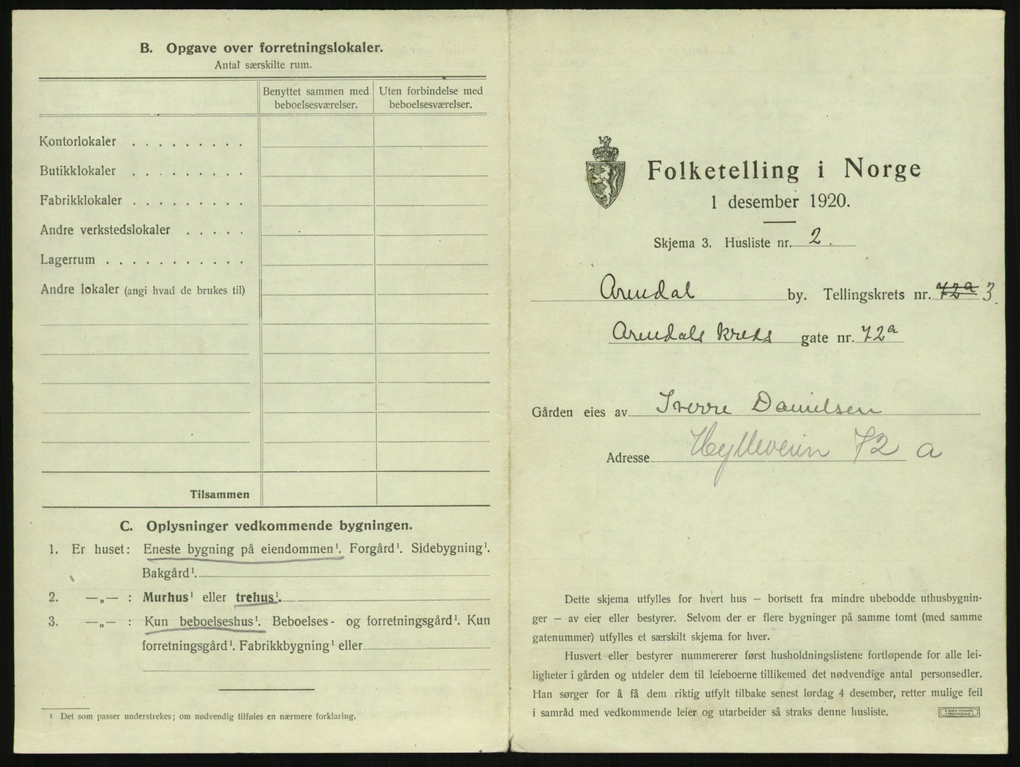 SAK, 1920 census for Arendal, 1920, p. 328