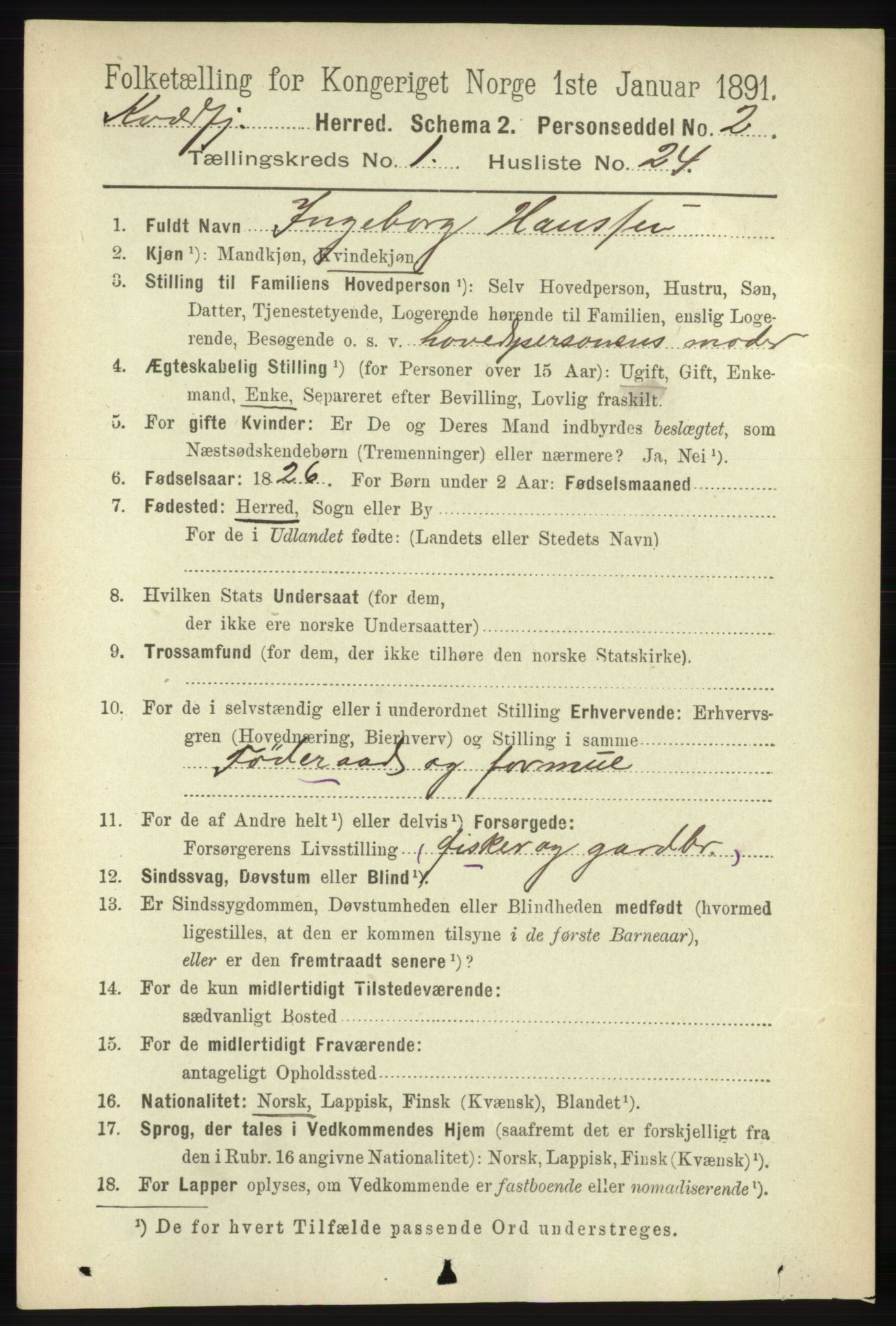 RA, 1891 census for 1911 Kvæfjord, 1891, p. 249