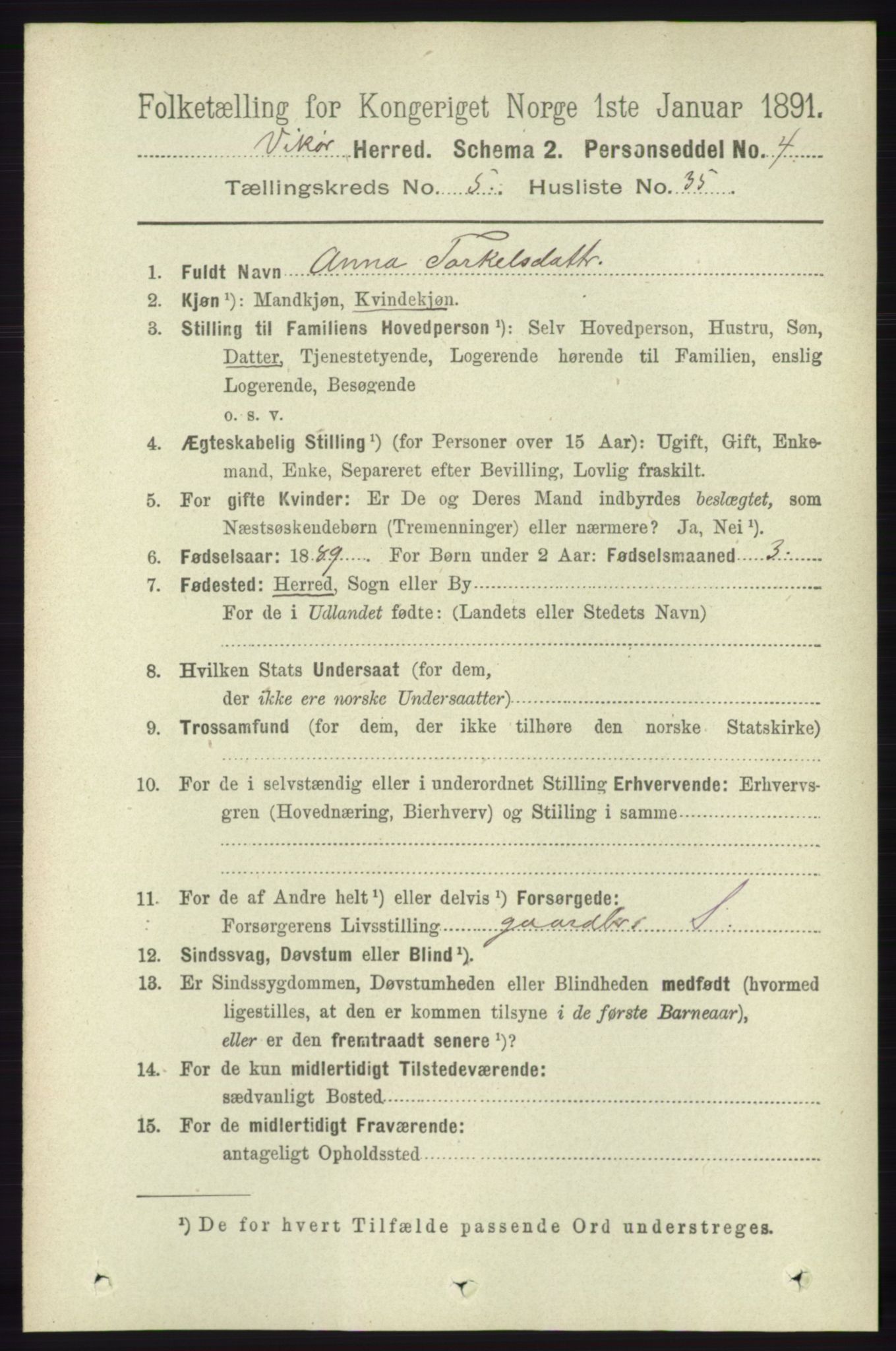 RA, 1891 census for 1238 Vikør, 1891, p. 1596