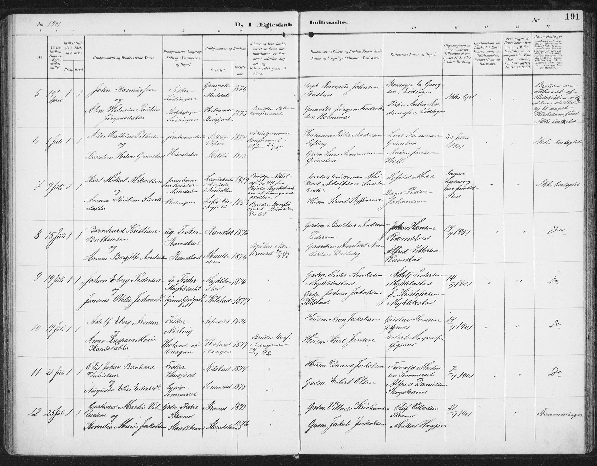 Ministerialprotokoller, klokkerbøker og fødselsregistre - Nordland, AV/SAT-A-1459/872/L1036: Parish register (official) no. 872A11, 1897-1913, p. 191