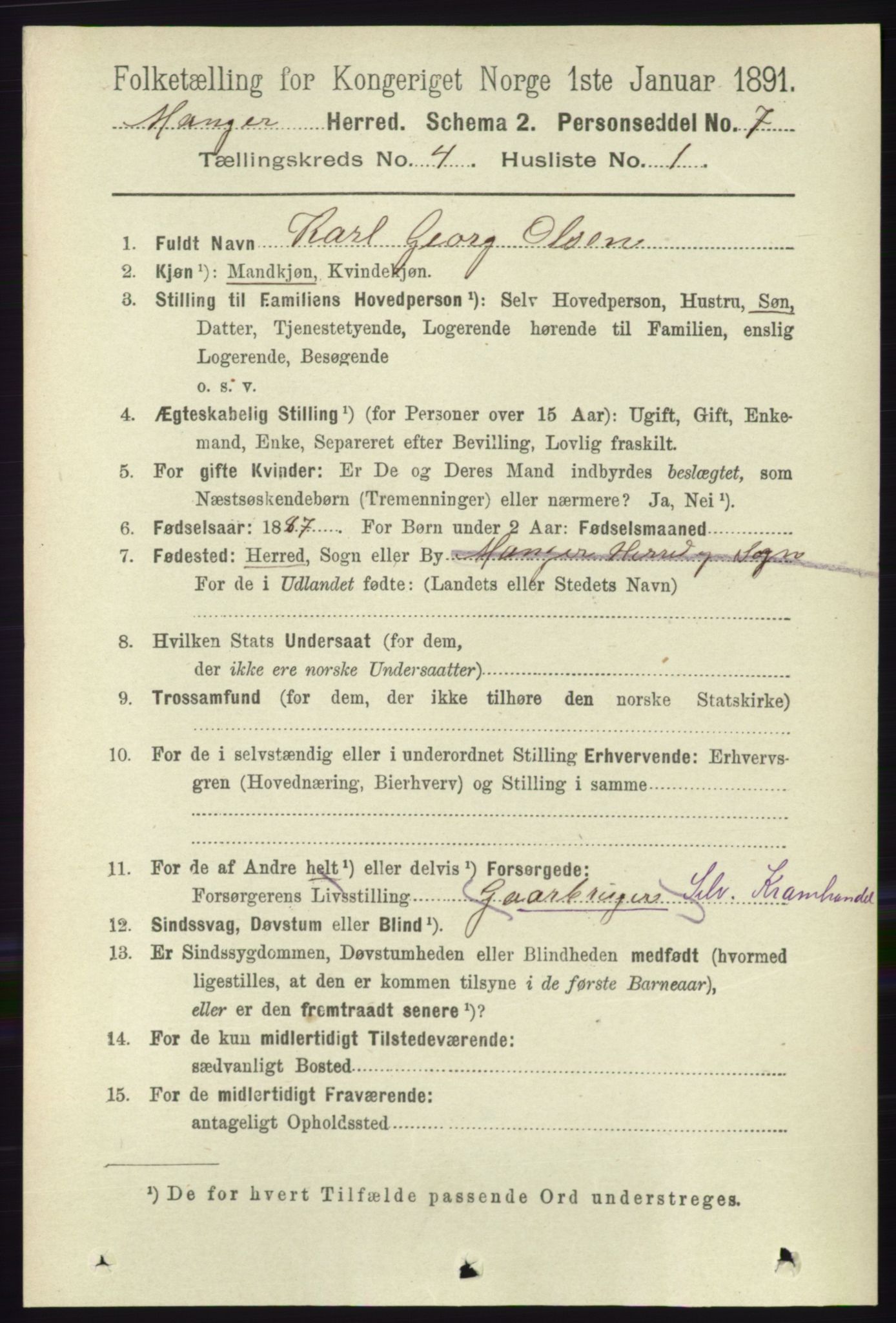 RA, 1891 census for 1261 Manger, 1891, p. 1957