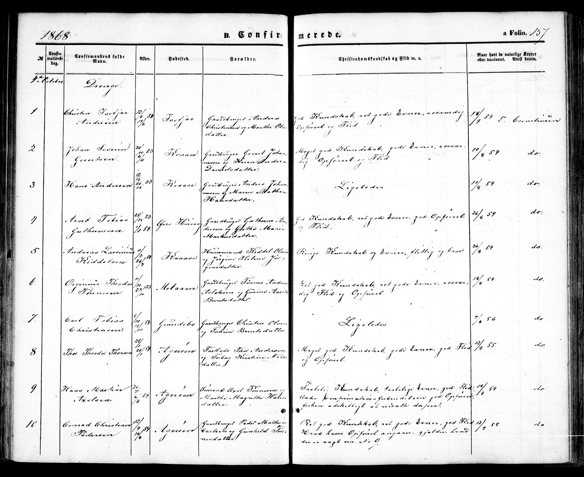 Høvåg sokneprestkontor, SAK/1111-0025/F/Fa/L0004: Parish register (official) no. A 4, 1859-1877, p. 157