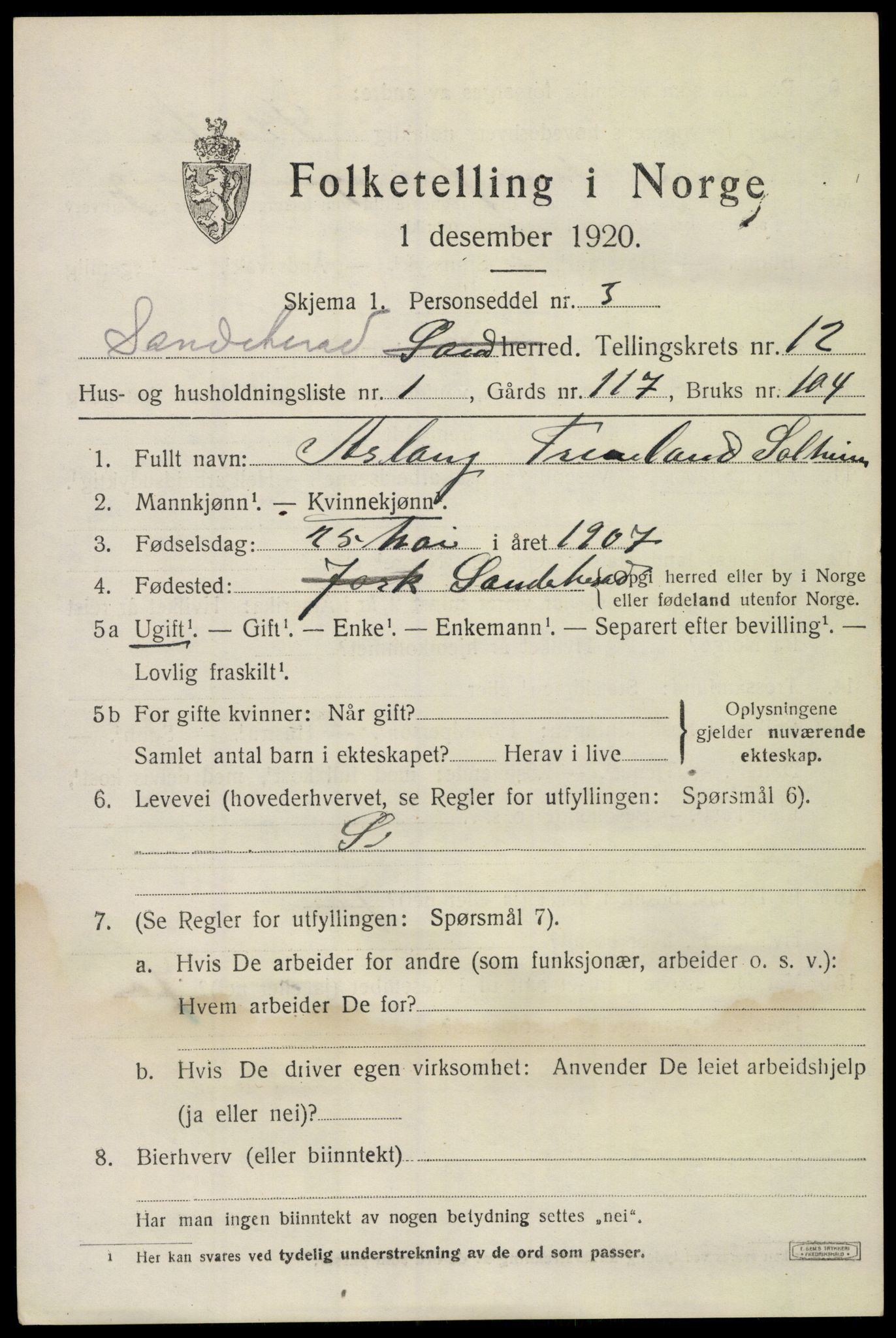 SAKO, 1920 census for Sandeherred, 1920, p. 18092