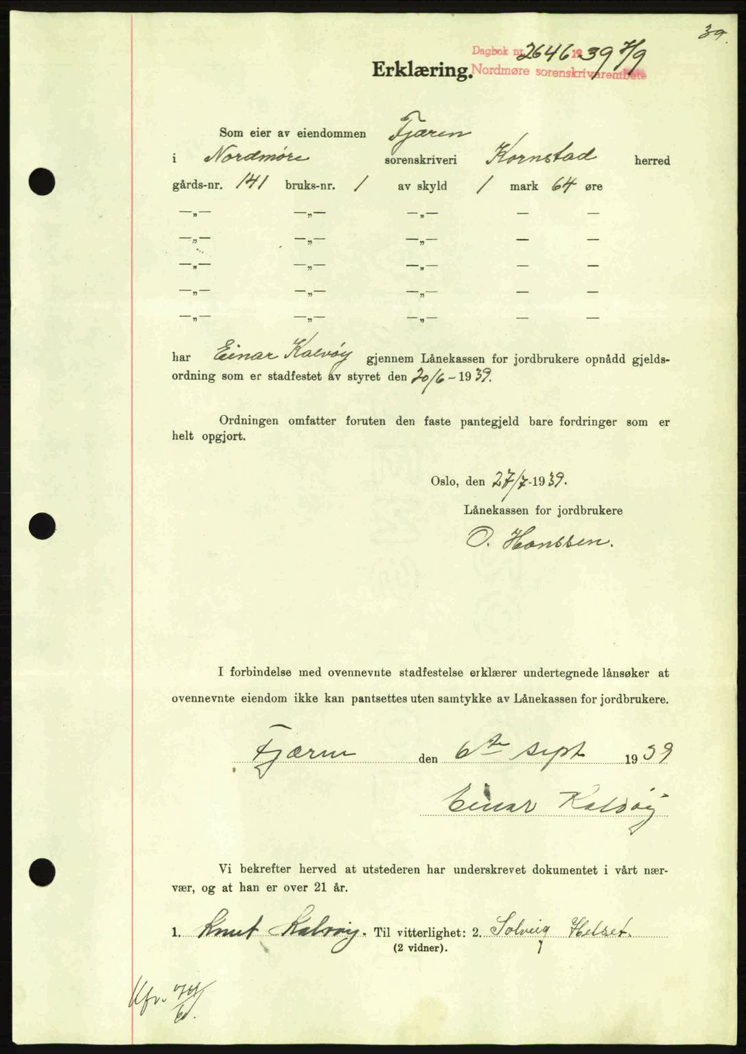 Nordmøre sorenskriveri, AV/SAT-A-4132/1/2/2Ca: Mortgage book no. B86, 1939-1940, Diary no: : 2646/1939