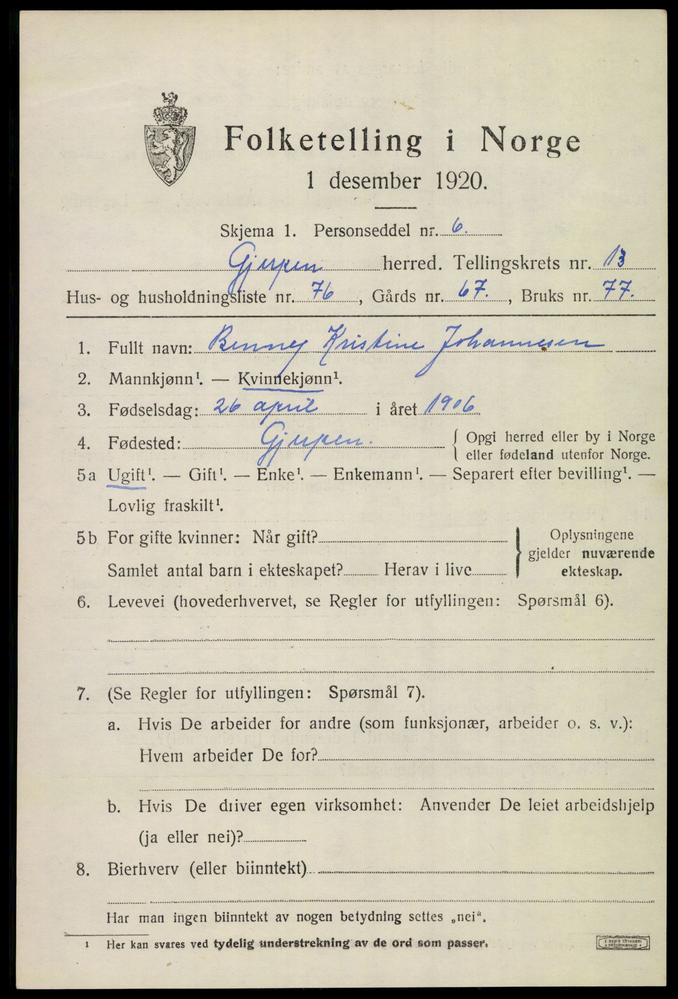 SAKO, 1920 census for Gjerpen, 1920, p. 14946