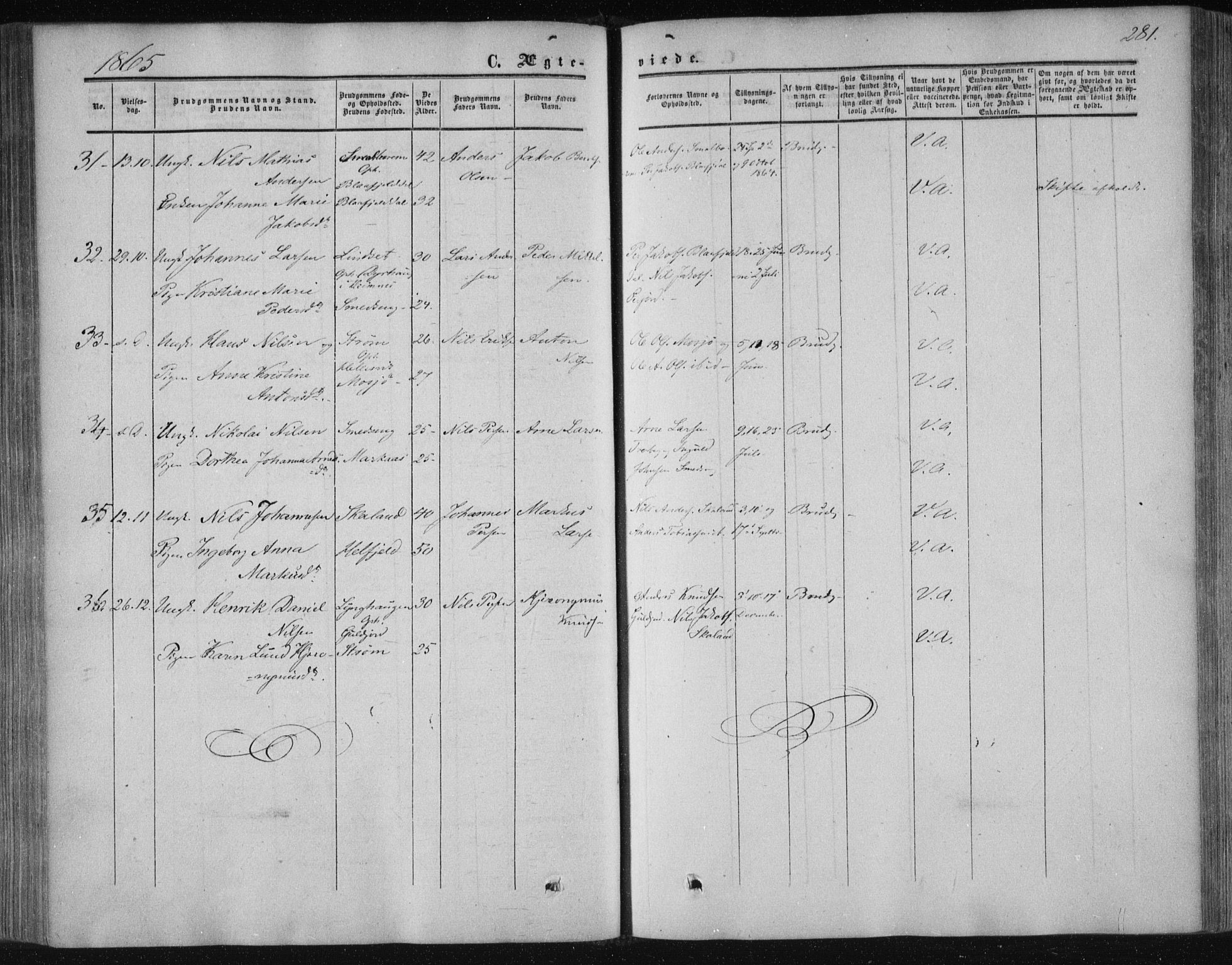 Ministerialprotokoller, klokkerbøker og fødselsregistre - Nordland, AV/SAT-A-1459/820/L0293: Parish register (official) no. 820A14, 1855-1865, p. 281