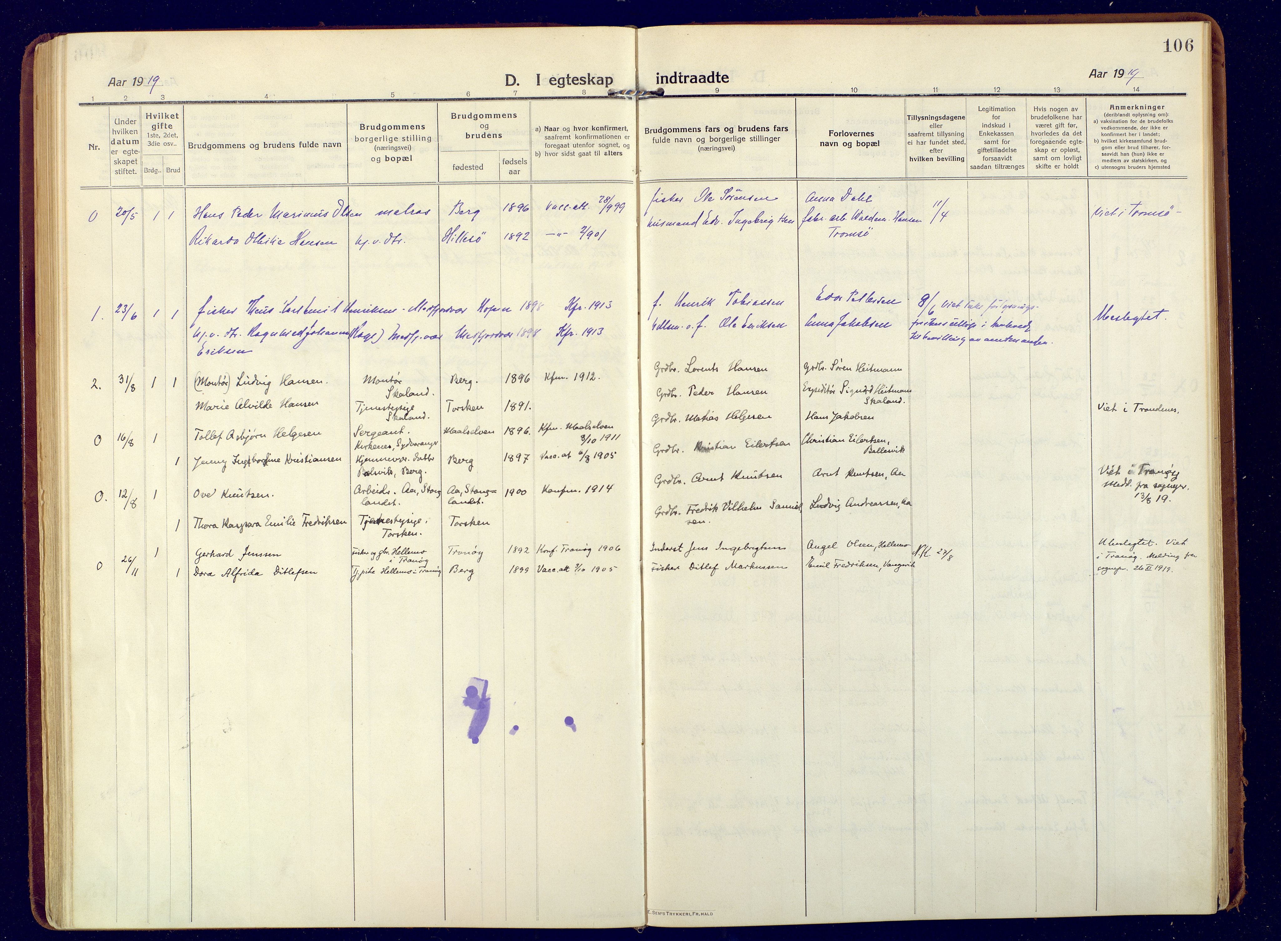 Berg sokneprestkontor, SATØ/S-1318/G/Ga/Gaa: Parish register (official) no. 9, 1916-1928, p. 106