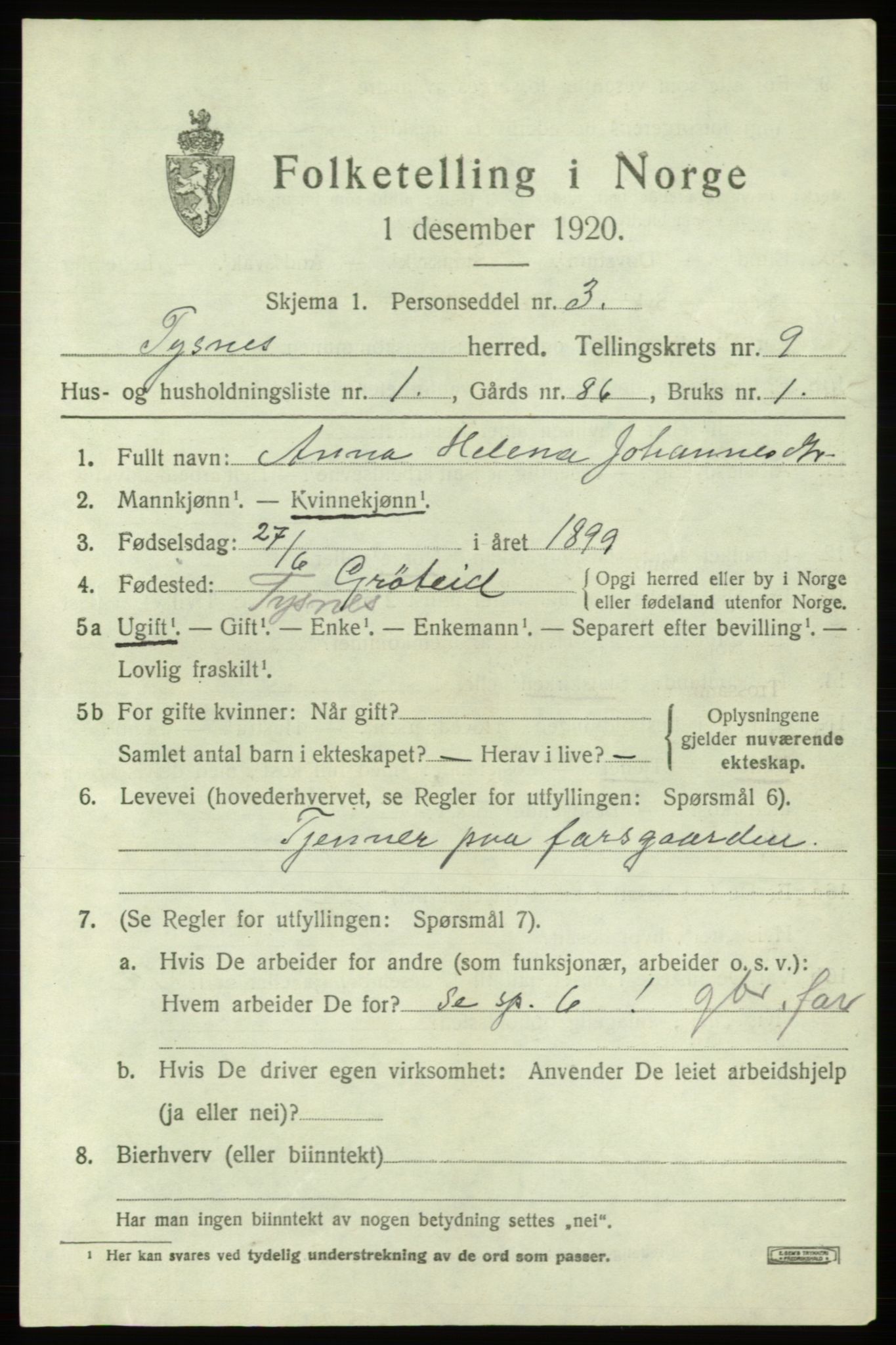 SAB, 1920 census for Tysnes, 1920, p. 6170