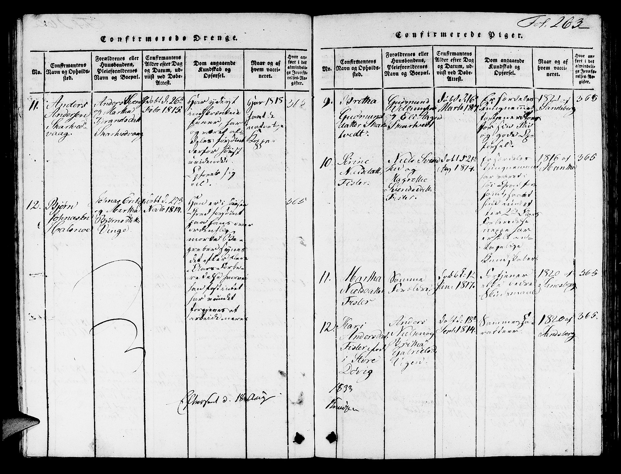 Hjelmeland sokneprestkontor, AV/SAST-A-101843/01/V/L0003: Parish register (copy) no. B 3, 1816-1841, p. 263