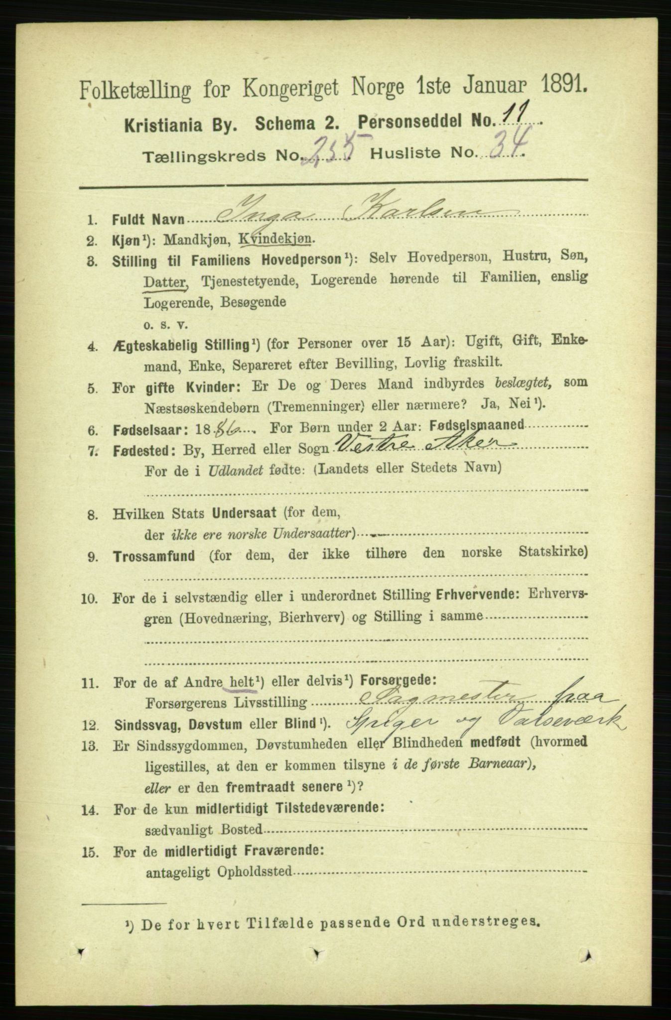 RA, 1891 census for 0301 Kristiania, 1891, p. 155415