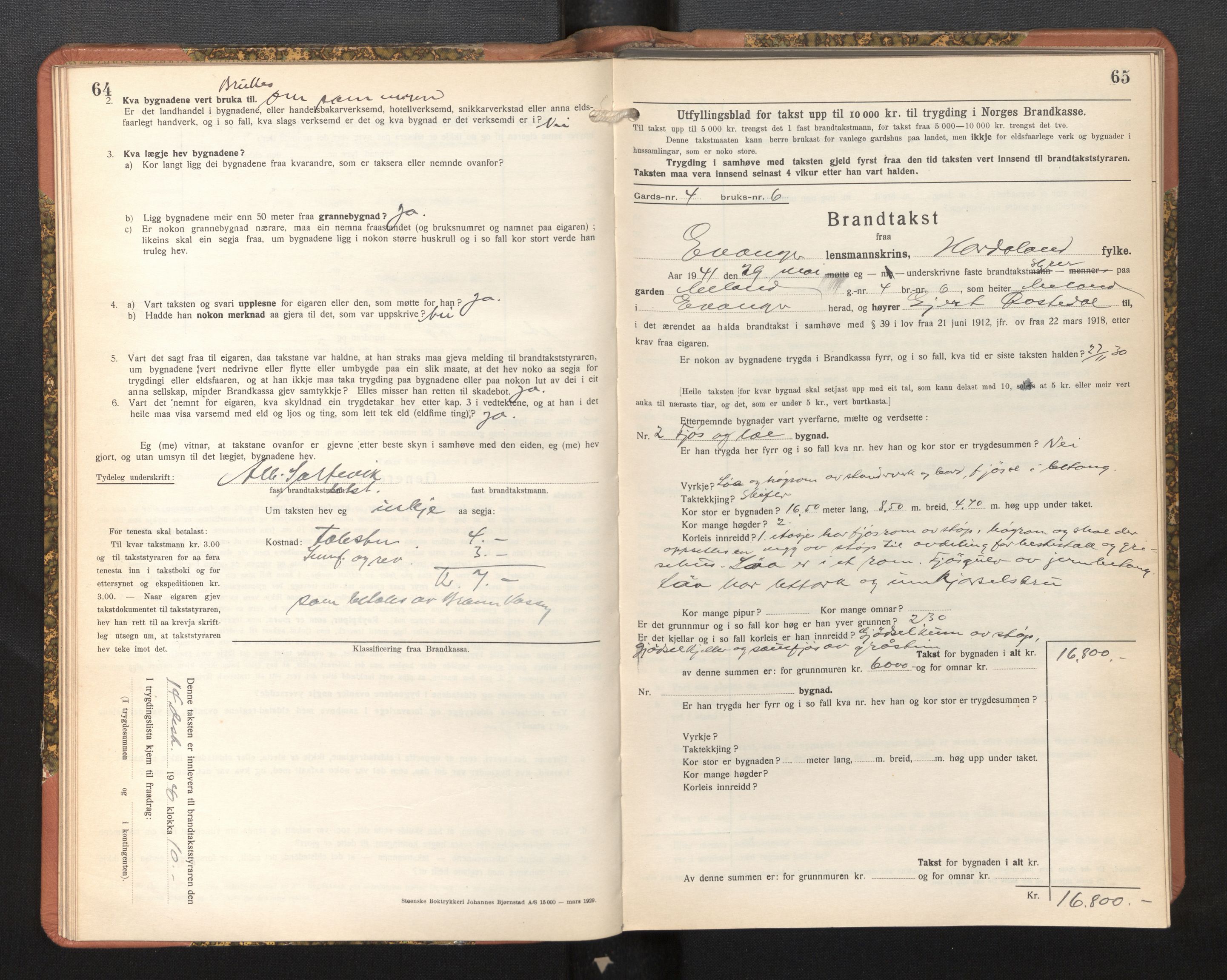 Lensmannen i Evanger, SAB/A-31701/0012/L0006: Branntakstprotokoll, skjematakst, 1936-1955, p. 64-65