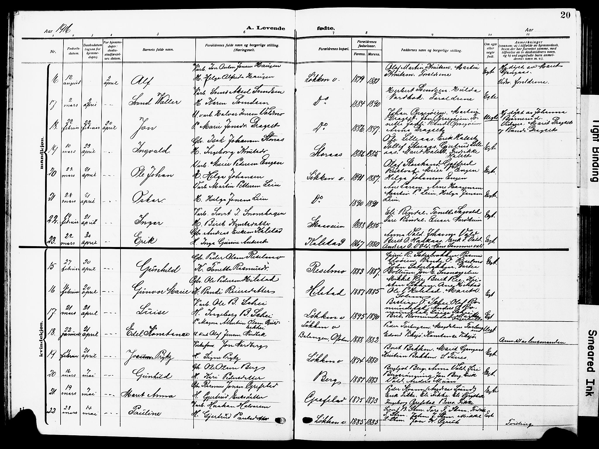 Ministerialprotokoller, klokkerbøker og fødselsregistre - Sør-Trøndelag, AV/SAT-A-1456/672/L0865: Parish register (copy) no. 672C04, 1914-1928, p. 20