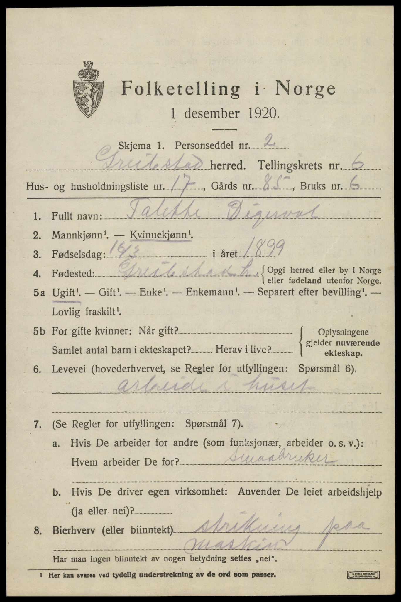 SAK, 1920 census for Greipstad, 1920, p. 2072