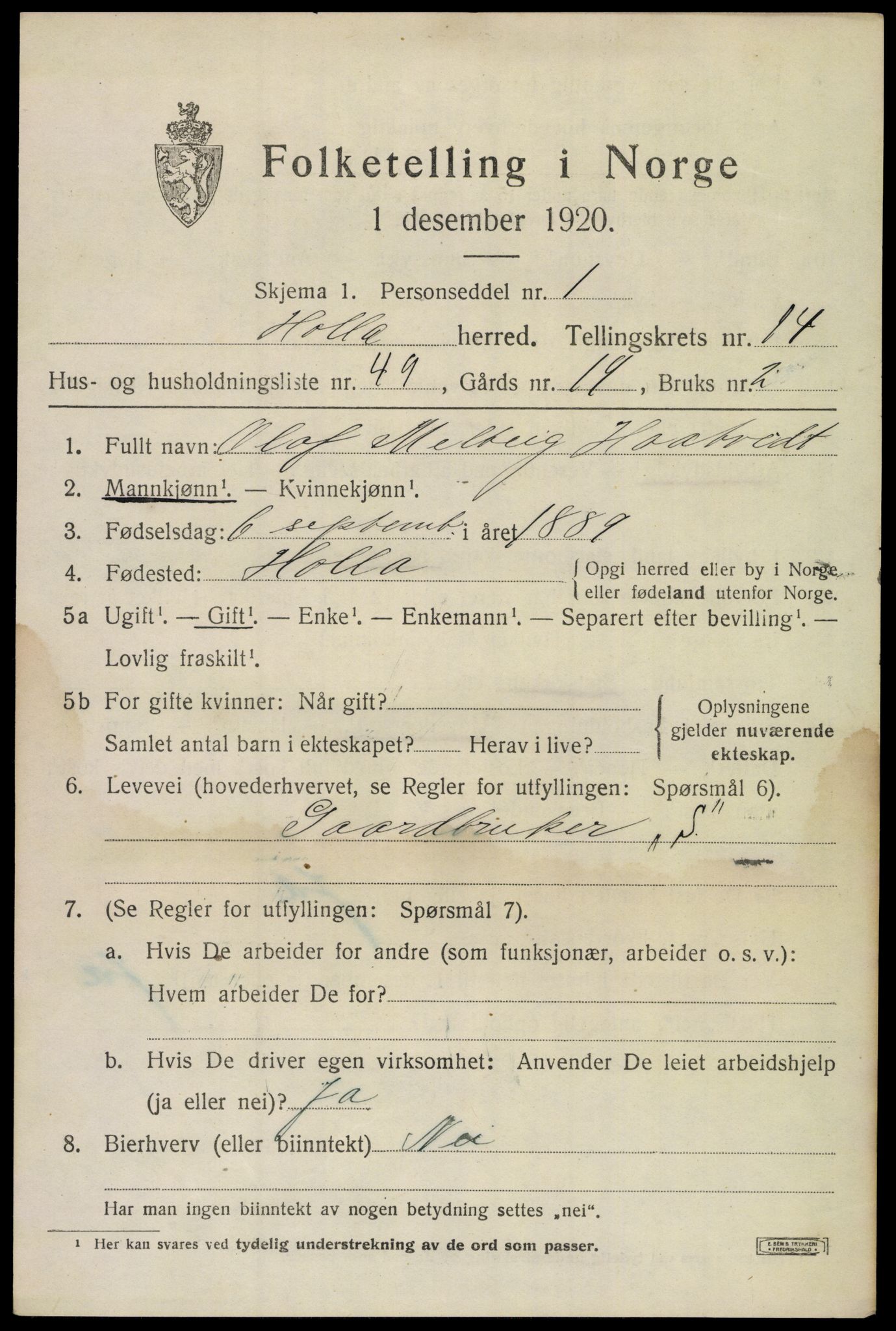 SAKO, 1920 census for Holla, 1920, p. 8477