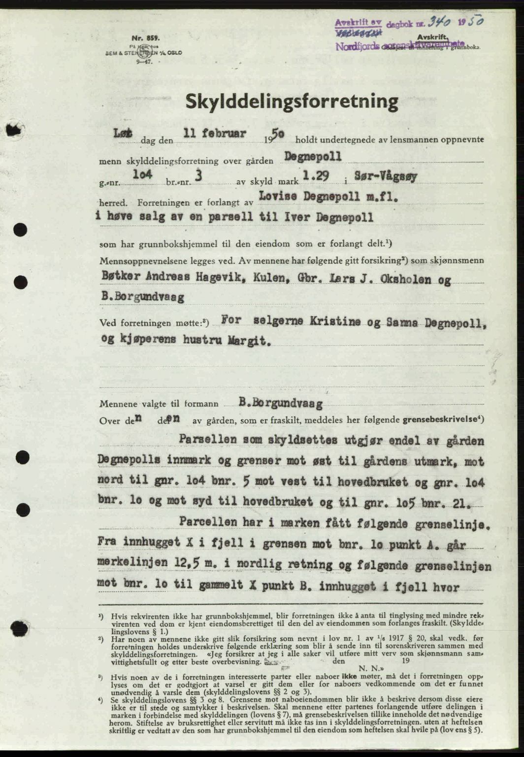 Nordfjord sorenskriveri, SAB/A-2801/02/02b/02bj/L0016a: Mortgage book no. A16 I, 1949-1950, Diary no: : 340/1950