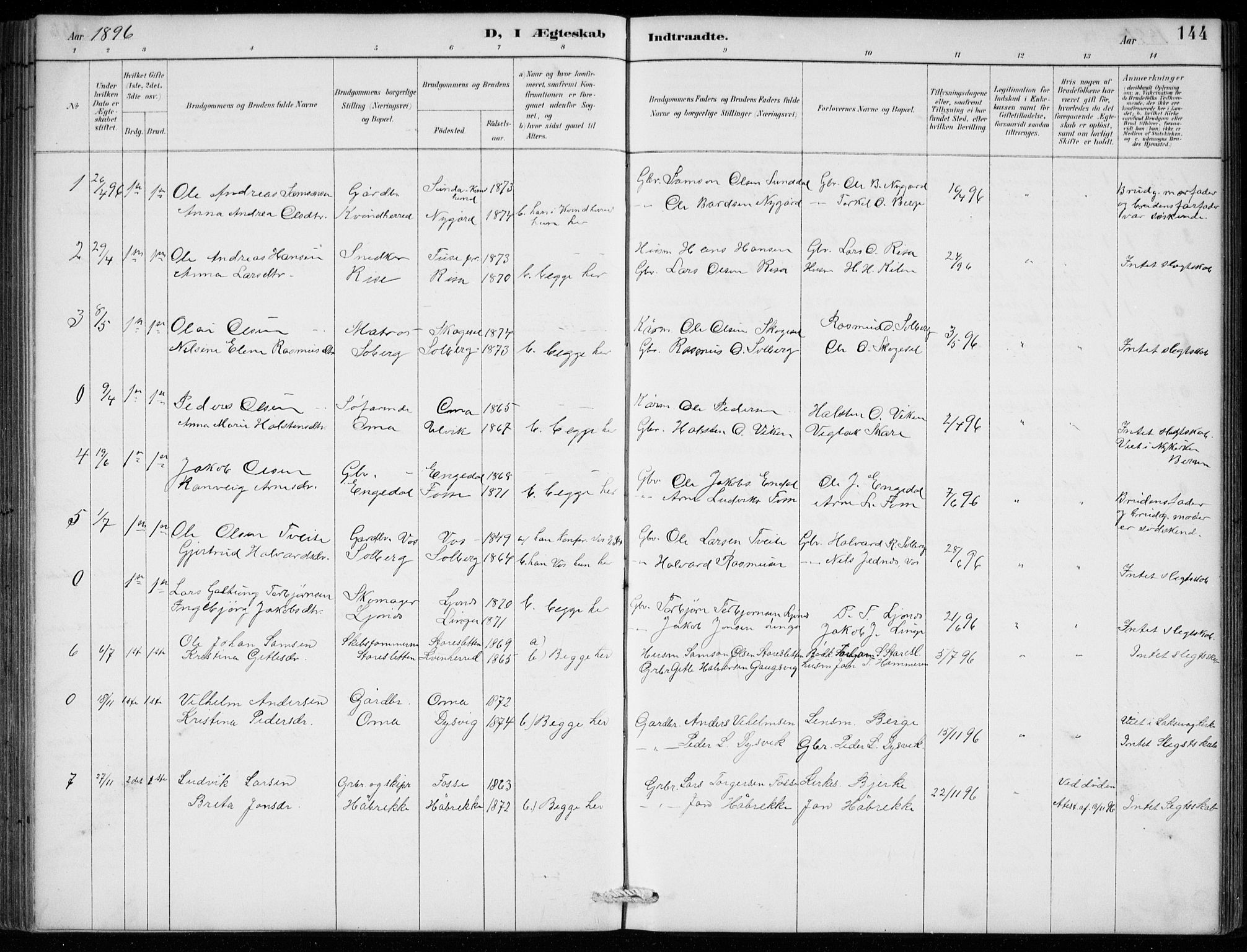 Strandebarm sokneprestembete, SAB/A-78401/H/Hab: Parish register (copy) no. B  1, 1891-1914, p. 144