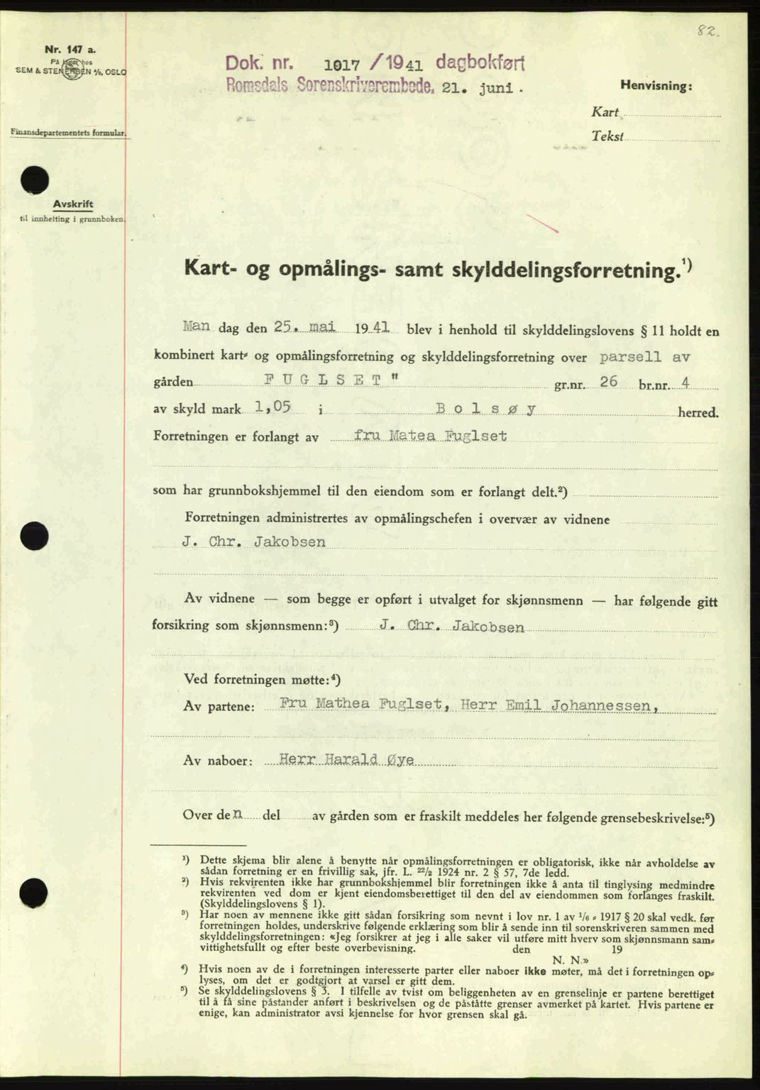 Romsdal sorenskriveri, AV/SAT-A-4149/1/2/2C: Mortgage book no. A10, 1941-1941, Diary no: : 1017/1941