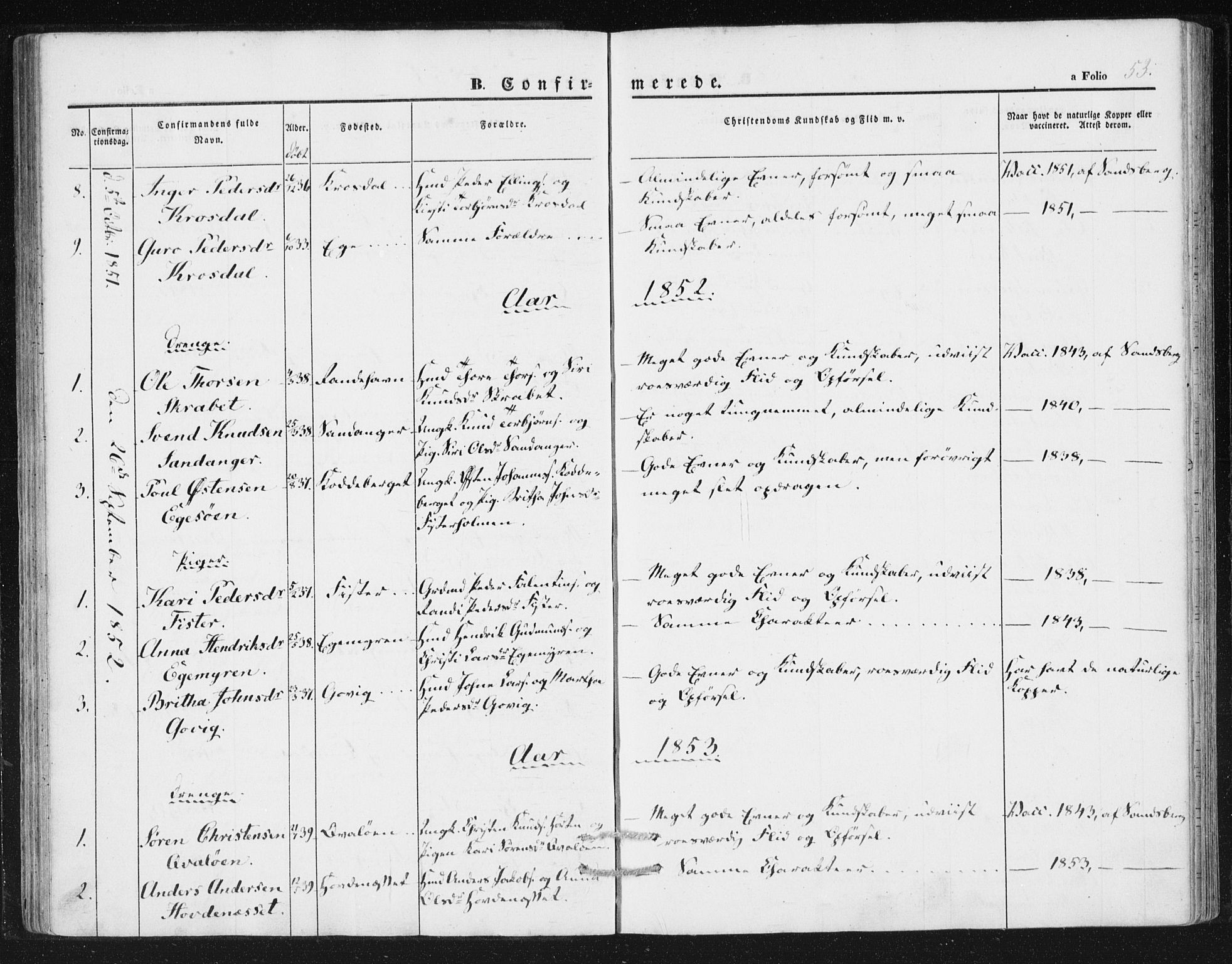 Hjelmeland sokneprestkontor, SAST/A-101843/01/IV/L0010: Parish register (official) no. A 10, 1851-1871, p. 53