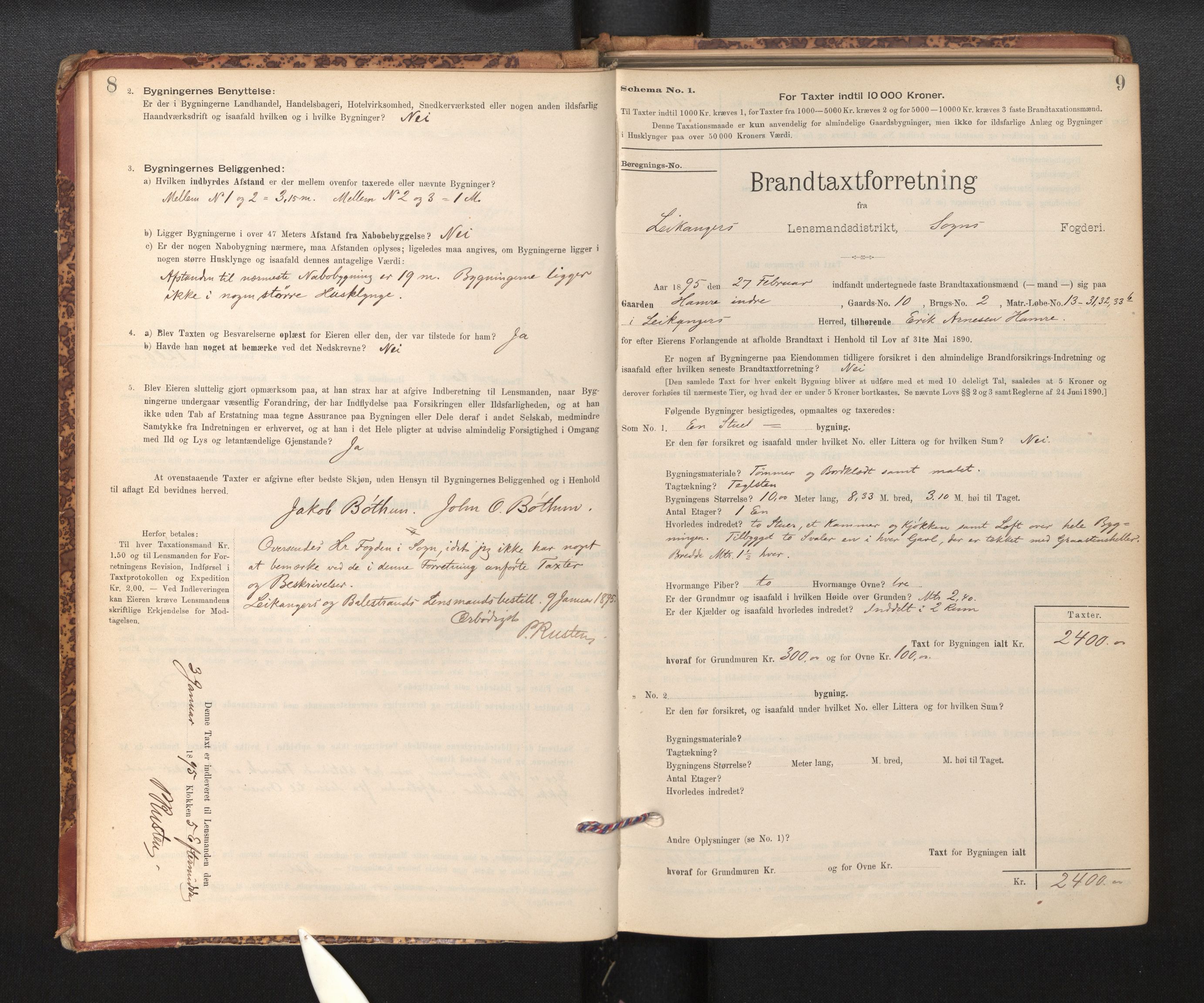 Lensmannen i Leikanger, SAB/A-29201/0012/L0004: Branntakstprotokoll, skjematakst, 1894-1903, p. 8-9