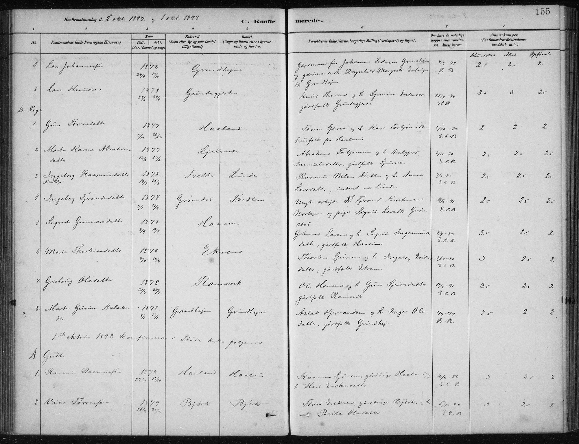 Etne sokneprestembete, SAB/A-75001/H/Haa: Parish register (official) no. D  1, 1879-1919, p. 155
