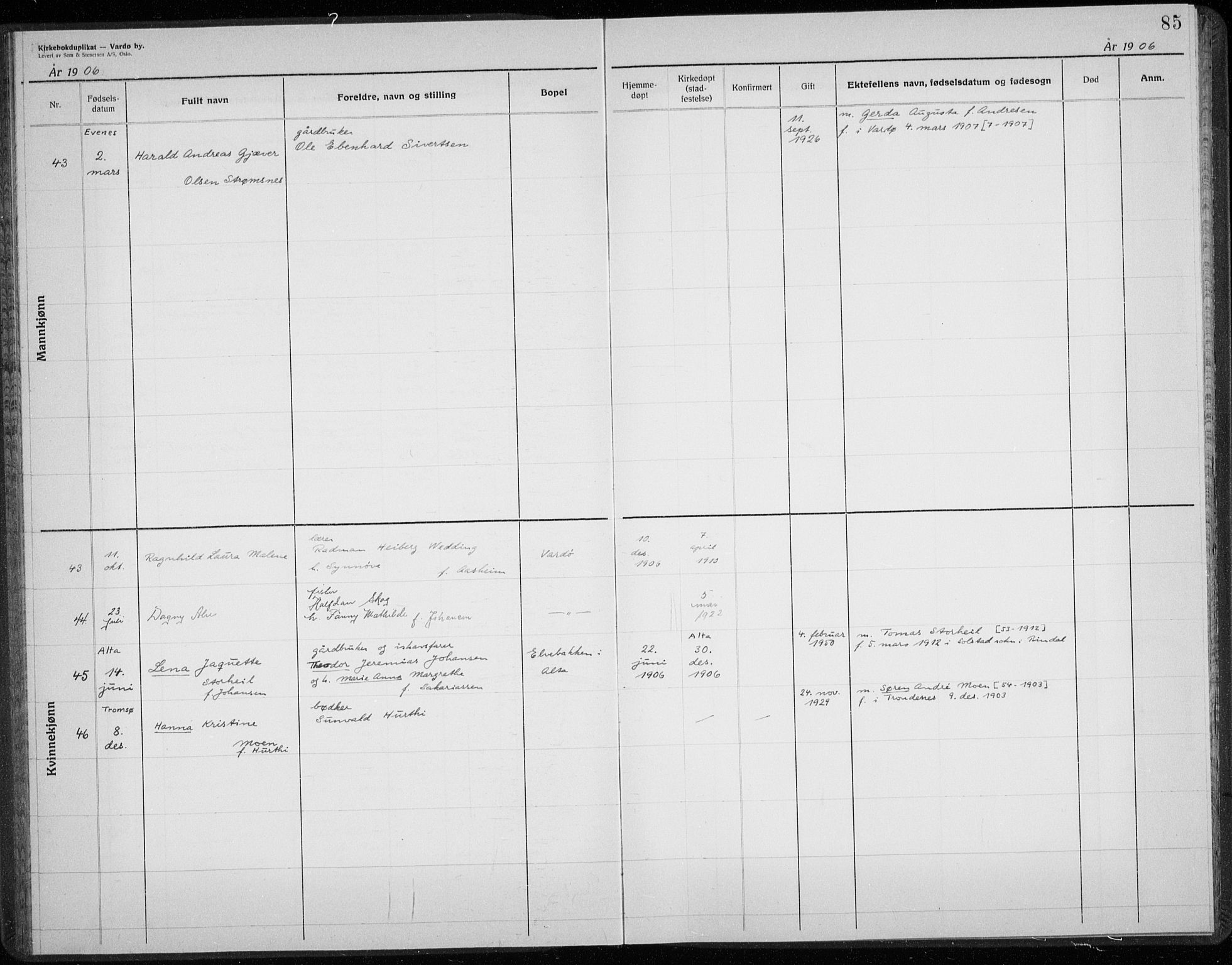 Vardø sokneprestkontor, AV/SATØ-S-1332/H/Hc/L0001kirkerekon: Other parish register no. 1, 1900-1914, p. 85