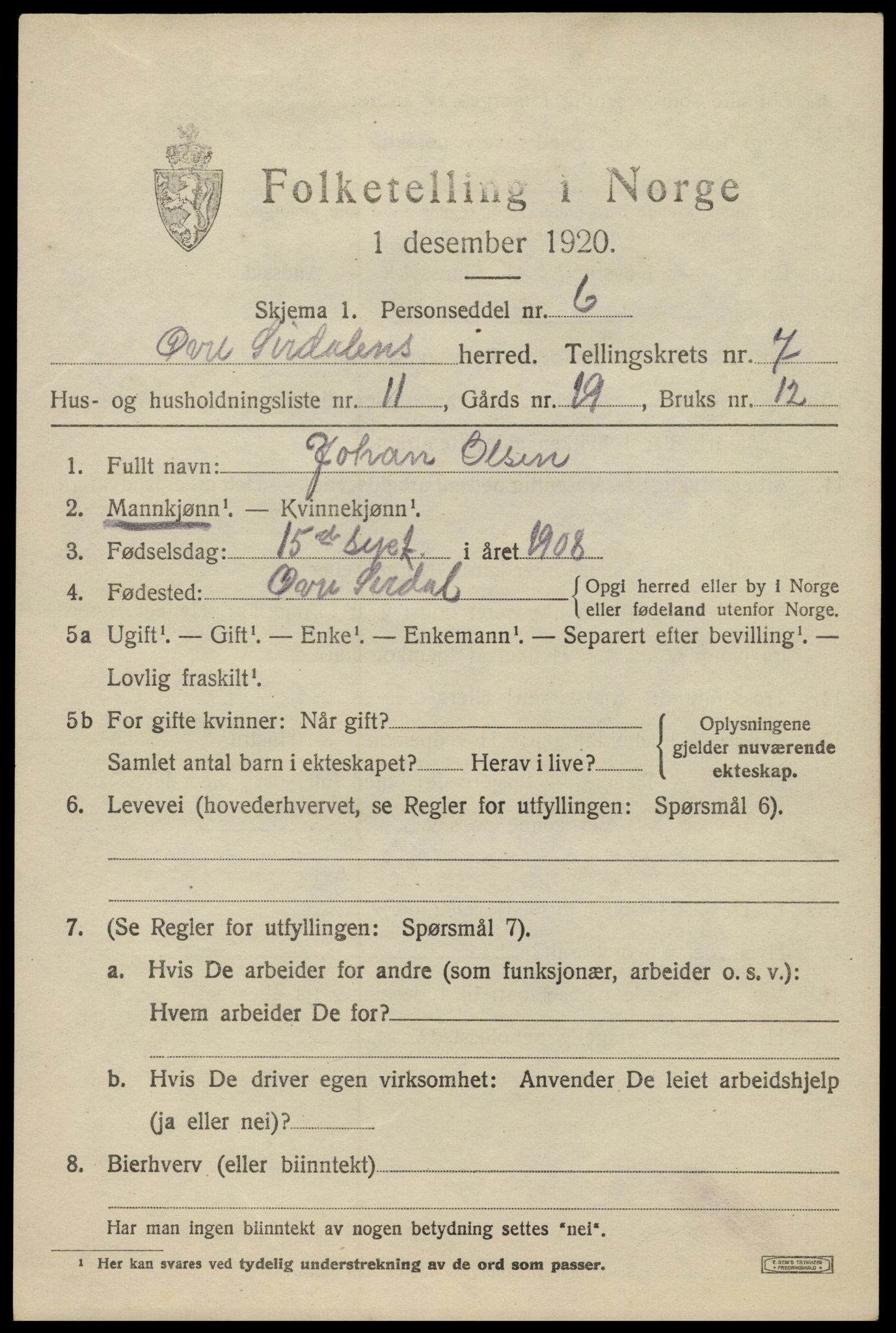 SAK, 1920 census for Øvre Sirdal, 1920, p. 1307