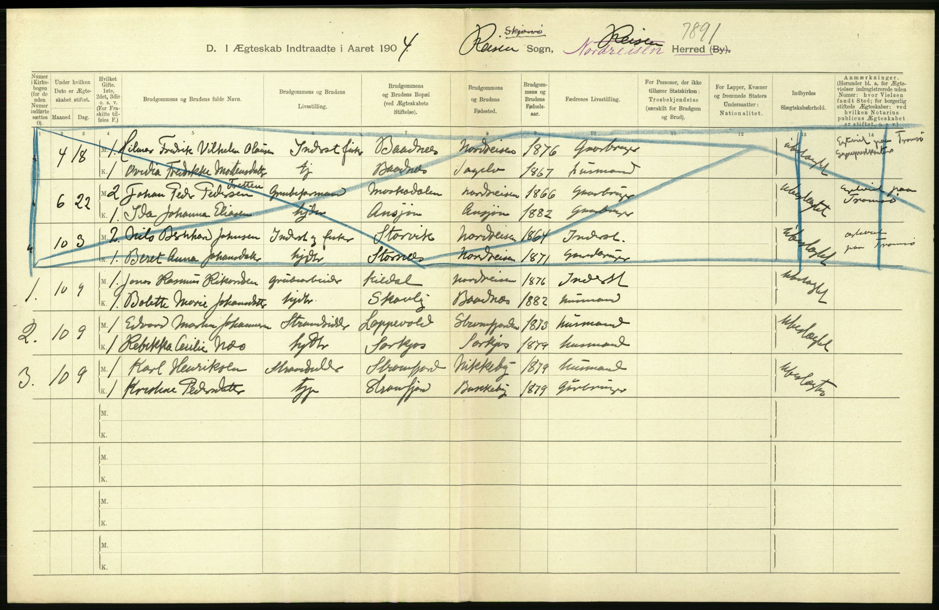 Statistisk sentralbyrå, Sosiodemografiske emner, Befolkning, AV/RA-S-2228/D/Df/Dfa/Dfab/L0022: Tromsø amt: Fødte, gifte, døde, 1904, p. 300