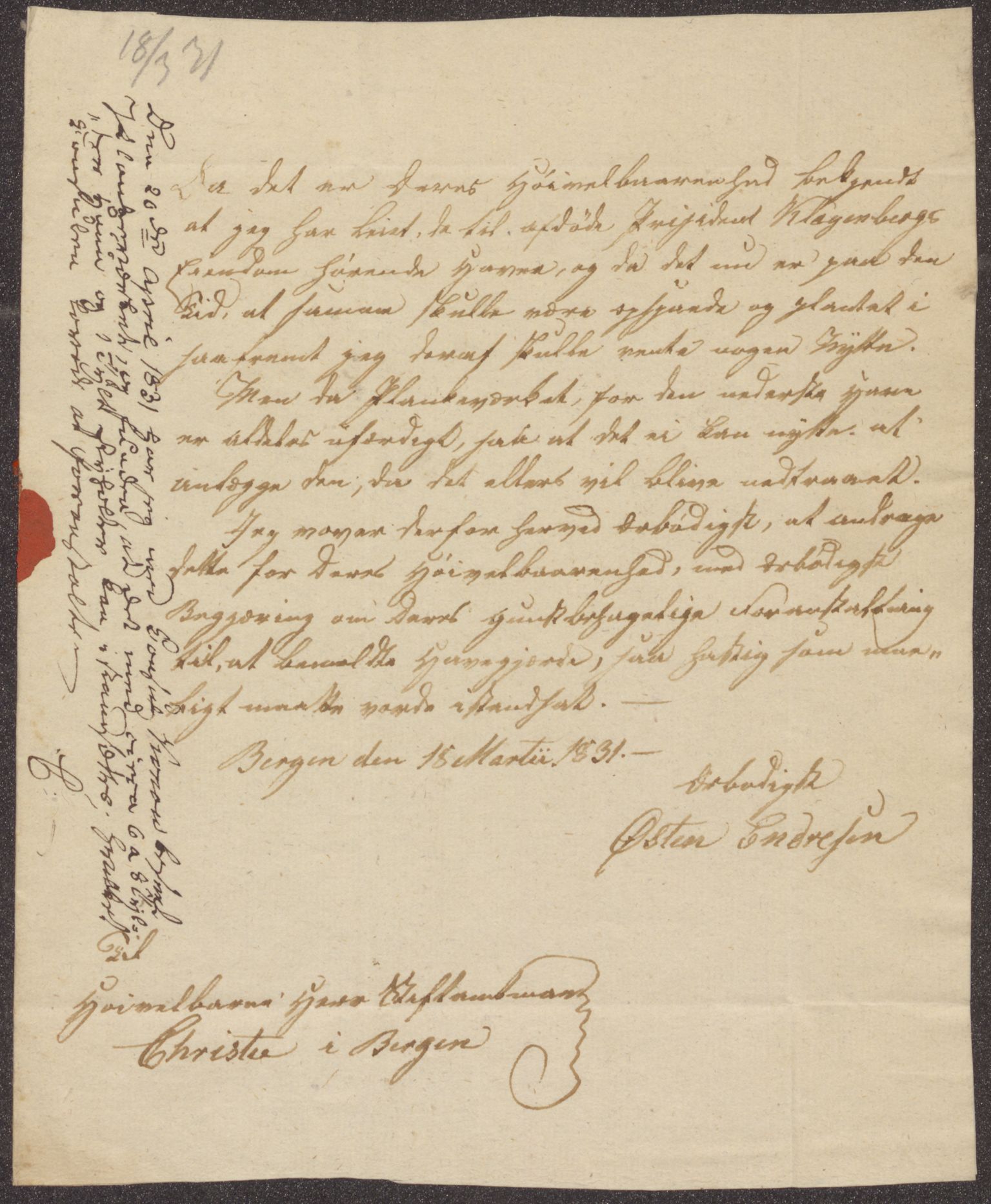 Bergens Museum, UMB/A007/D/Da/L0005/0001: Innkommende brev 1831 - 1832 / Innkommende brev 1831, 1831