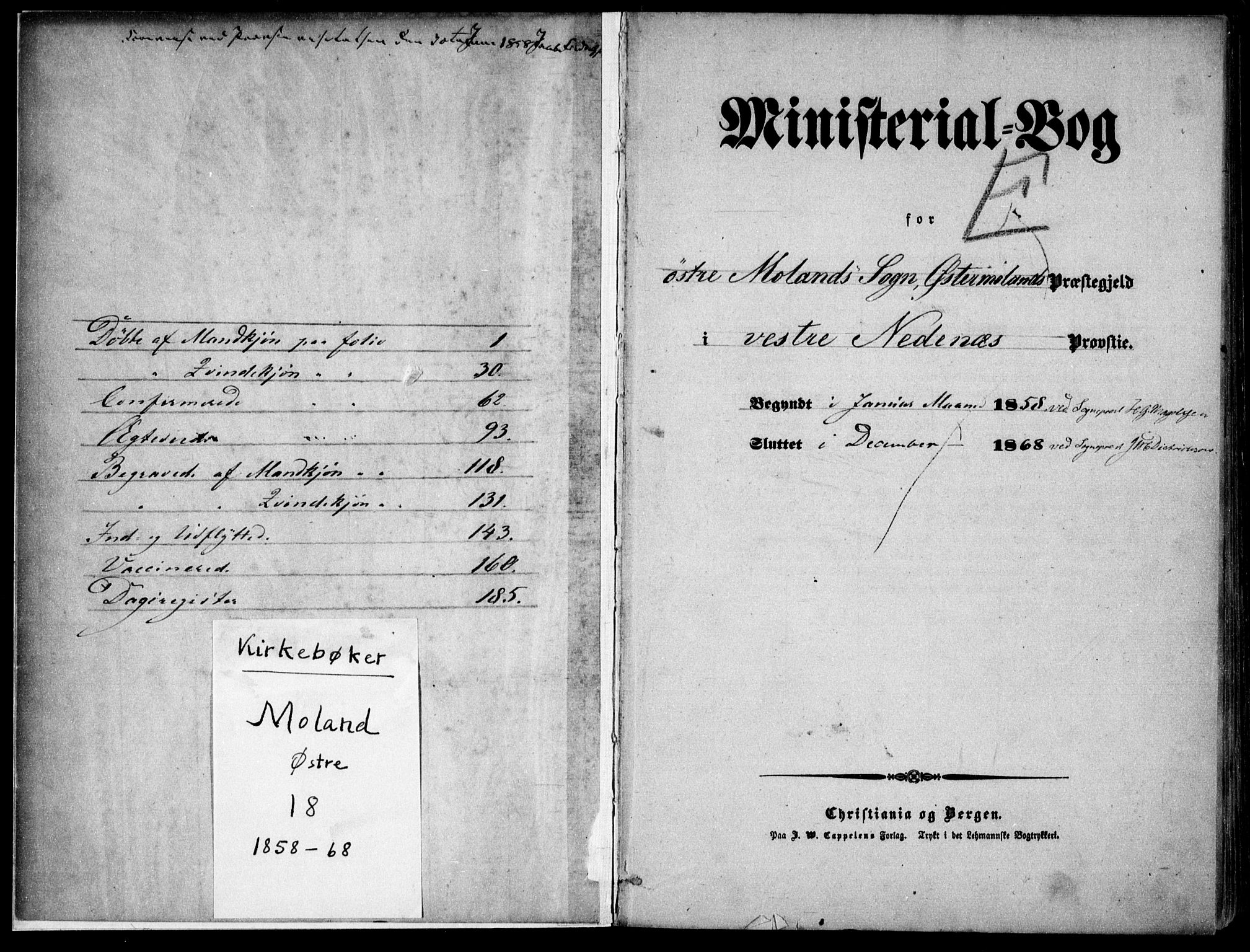 Austre Moland sokneprestkontor, SAK/1111-0001/F/Fa/Faa/L0008: Parish register (official) no. A 8, 1858-1868