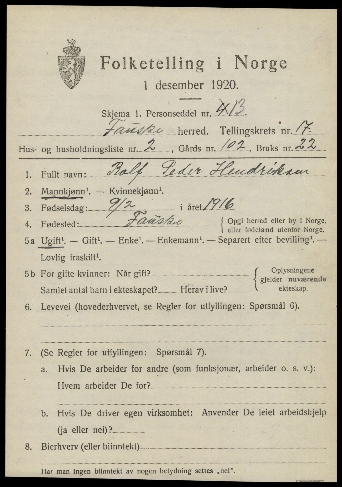 SAT, 1920 census for Fauske, 1920, p. 10462