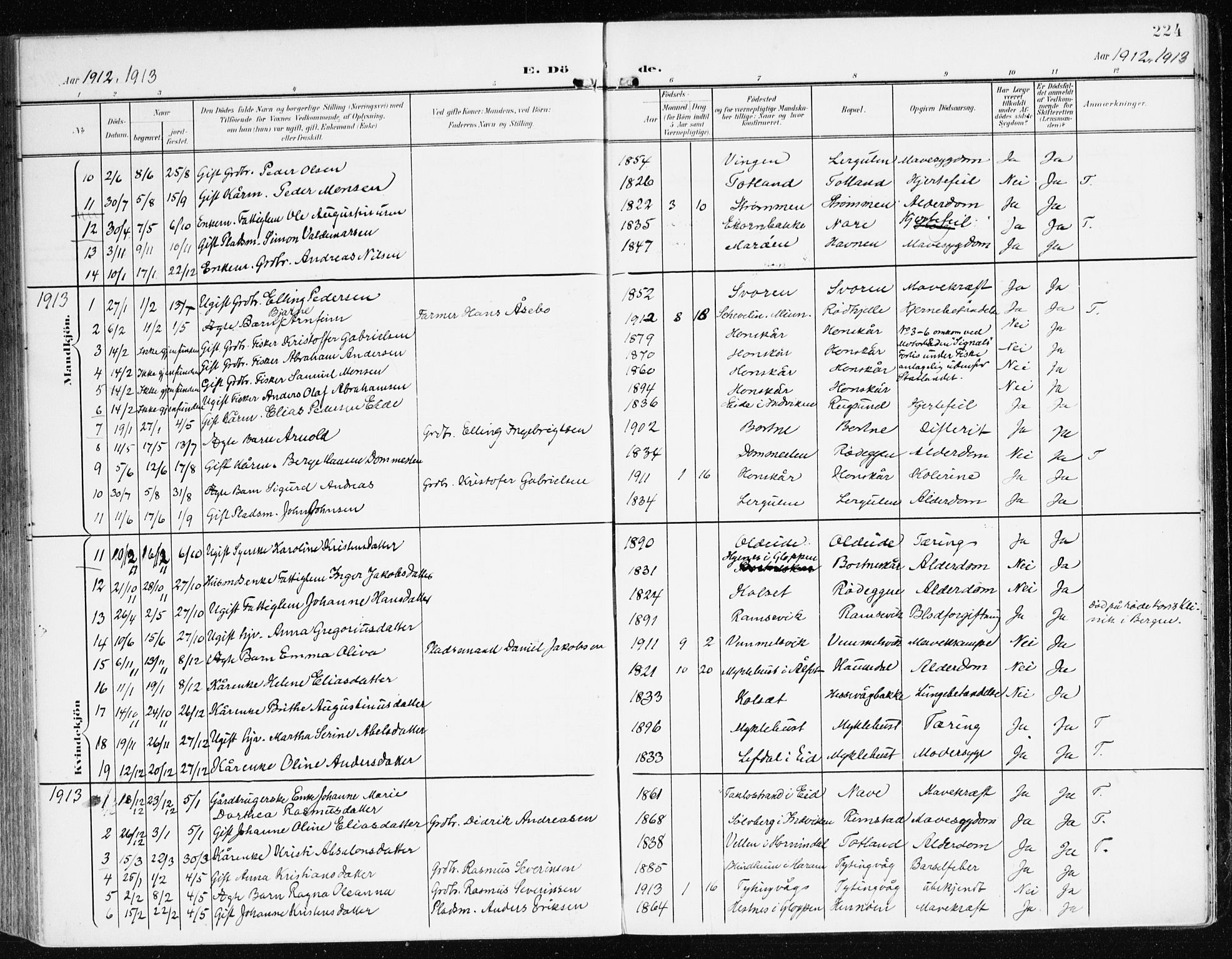 Davik sokneprestembete, AV/SAB-A-79701/H/Haa/Haad/L0002: Parish register (official) no. D 2, 1901-1930, p. 224