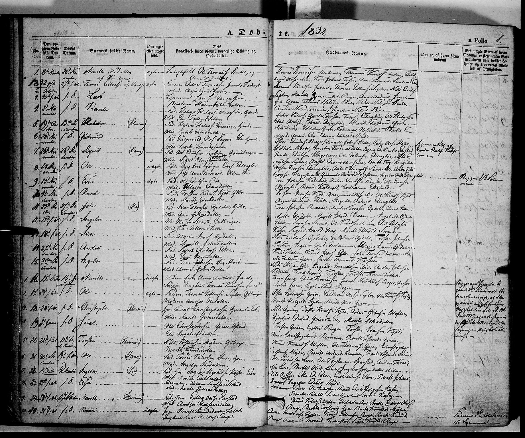 Vang prestekontor, Valdres, SAH/PREST-140/H/Ha/L0005: Parish register (official) no. 5, 1831-1845, p. 1