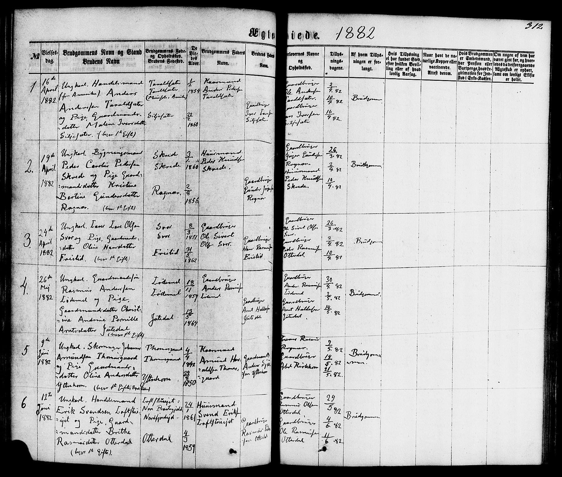 Hornindal sokneprestembete, SAB/A-82401/H/Haa/Haaa/L0002: Parish register (official) no. A 2, 1867-1884, p. 312