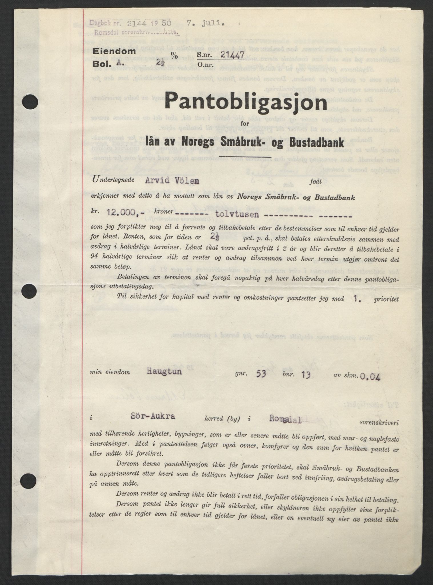 Romsdal sorenskriveri, AV/SAT-A-4149/1/2/2C: Mortgage book no. B5, 1949-1950, Diary no: : 2144/1950