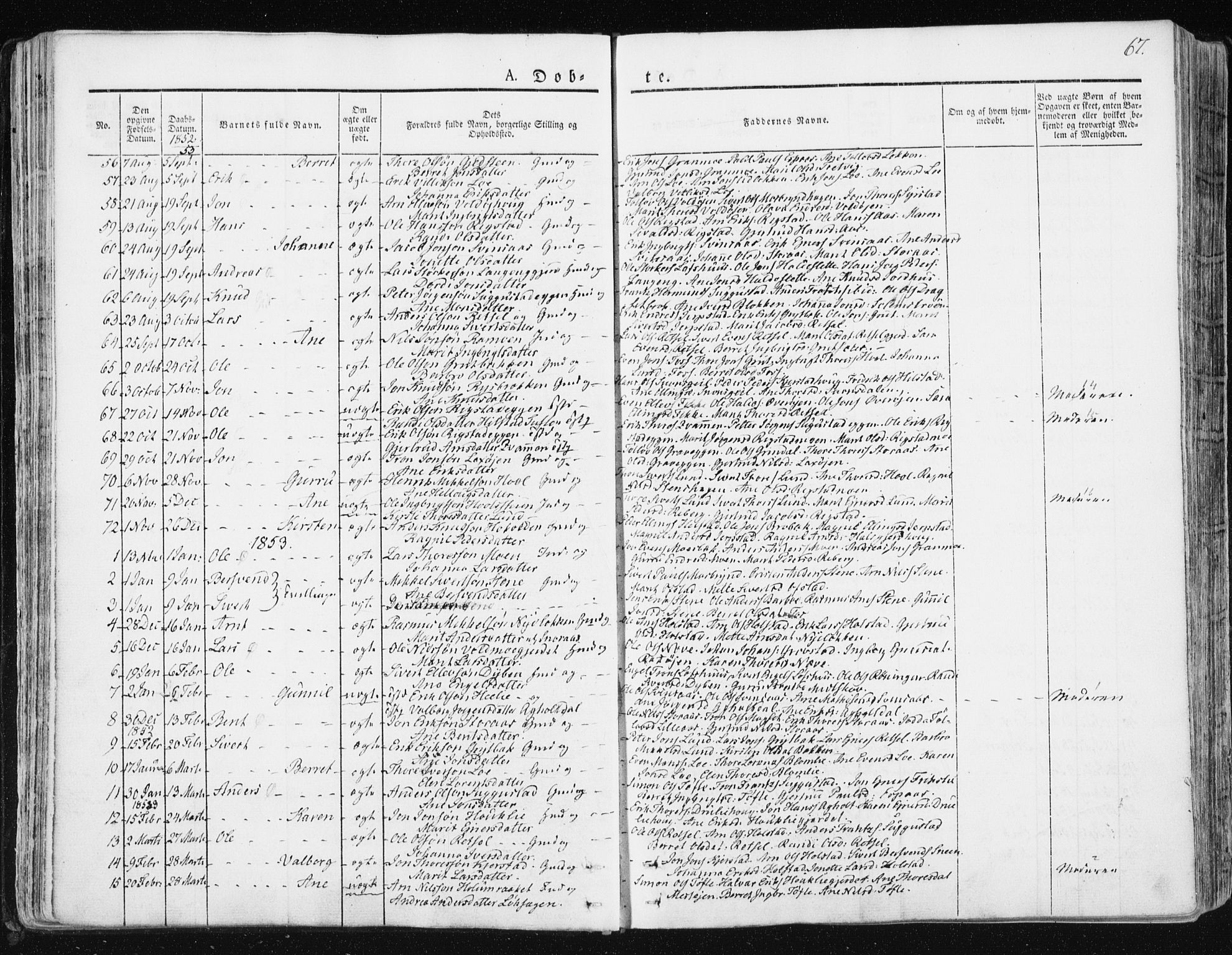 Ministerialprotokoller, klokkerbøker og fødselsregistre - Sør-Trøndelag, SAT/A-1456/672/L0855: Parish register (official) no. 672A07, 1829-1860, p. 67