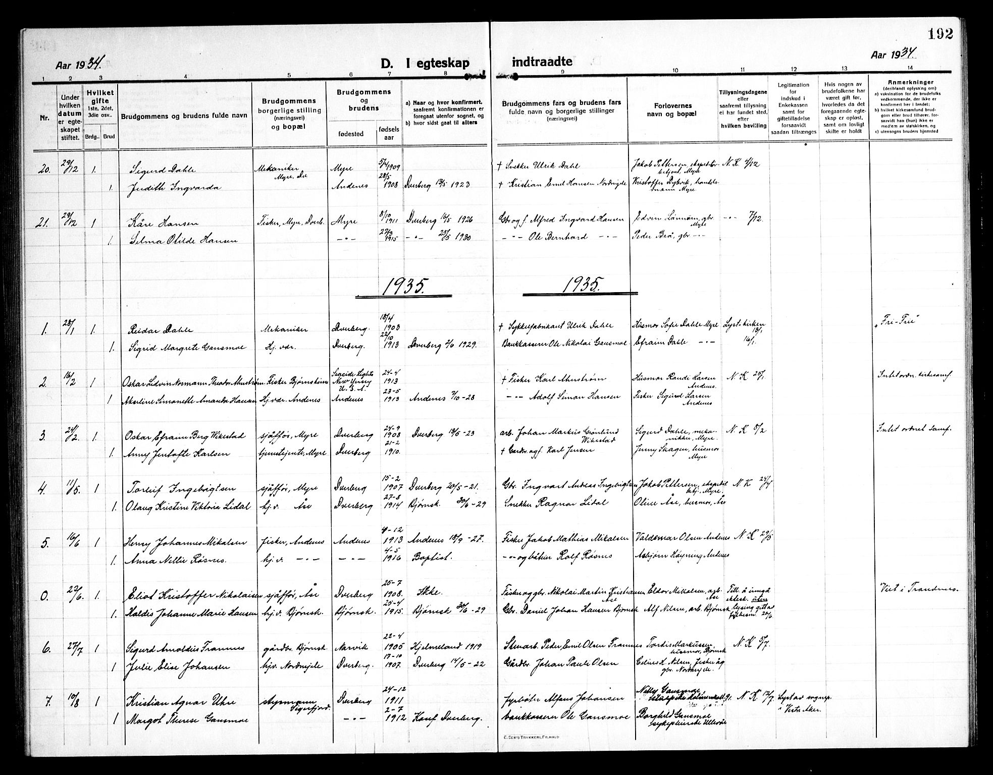 Ministerialprotokoller, klokkerbøker og fødselsregistre - Nordland, AV/SAT-A-1459/897/L1415: Parish register (copy) no. 897C05, 1916-1945, p. 192